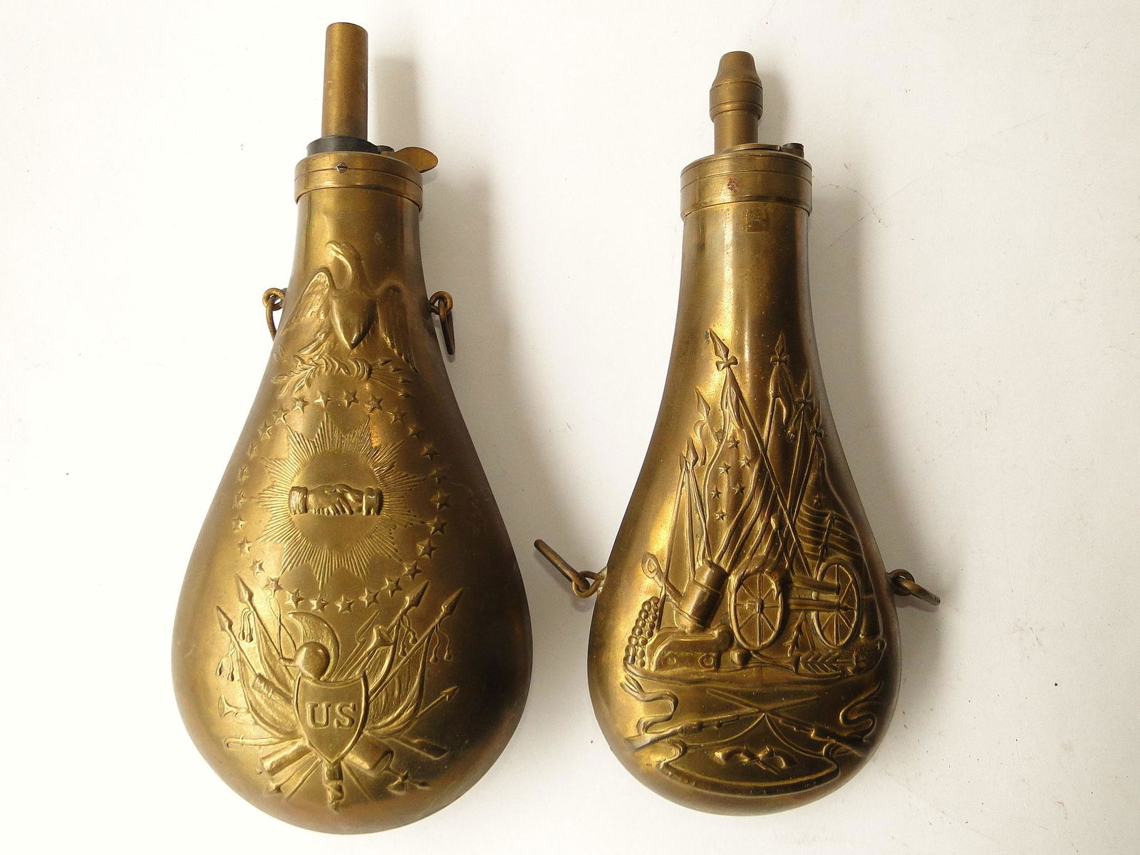 TWO 19TH C BRASS POWDER FLASKS (1 of 2)