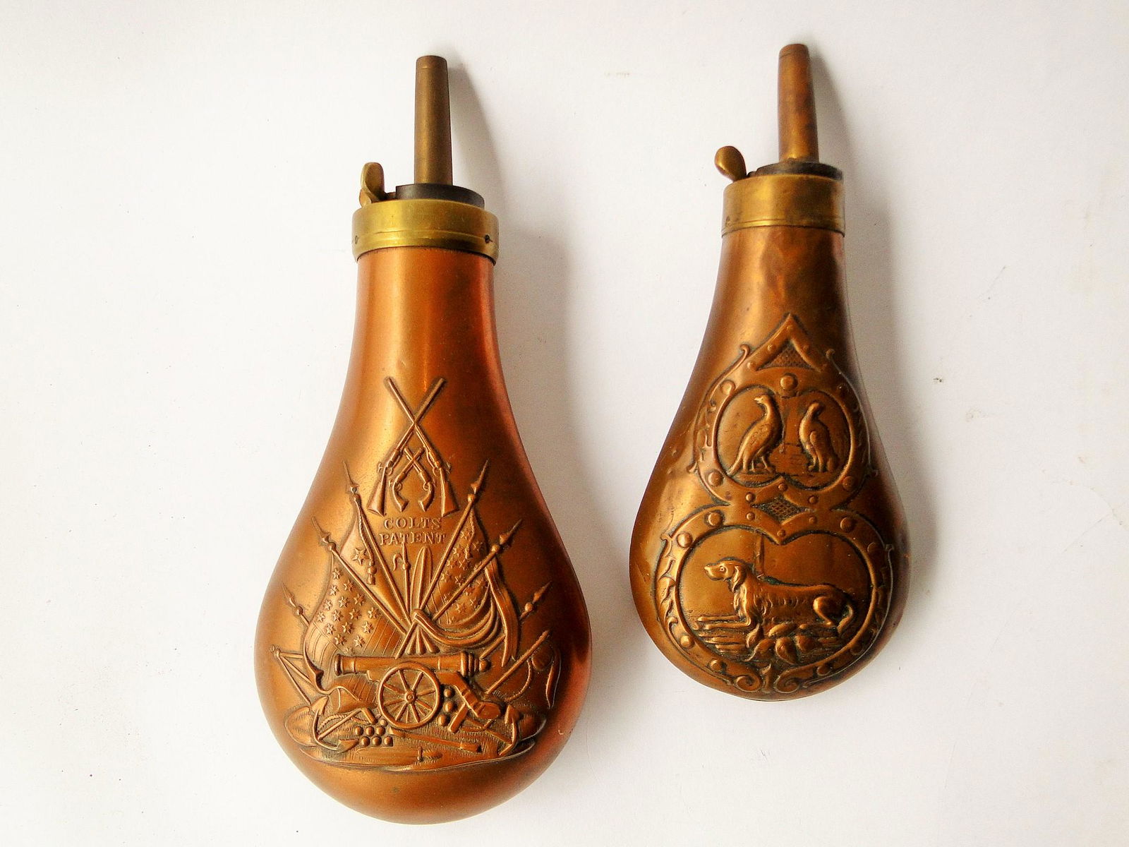 TWO 19TH C COPPER POWDER FLASKS (1 of 2)