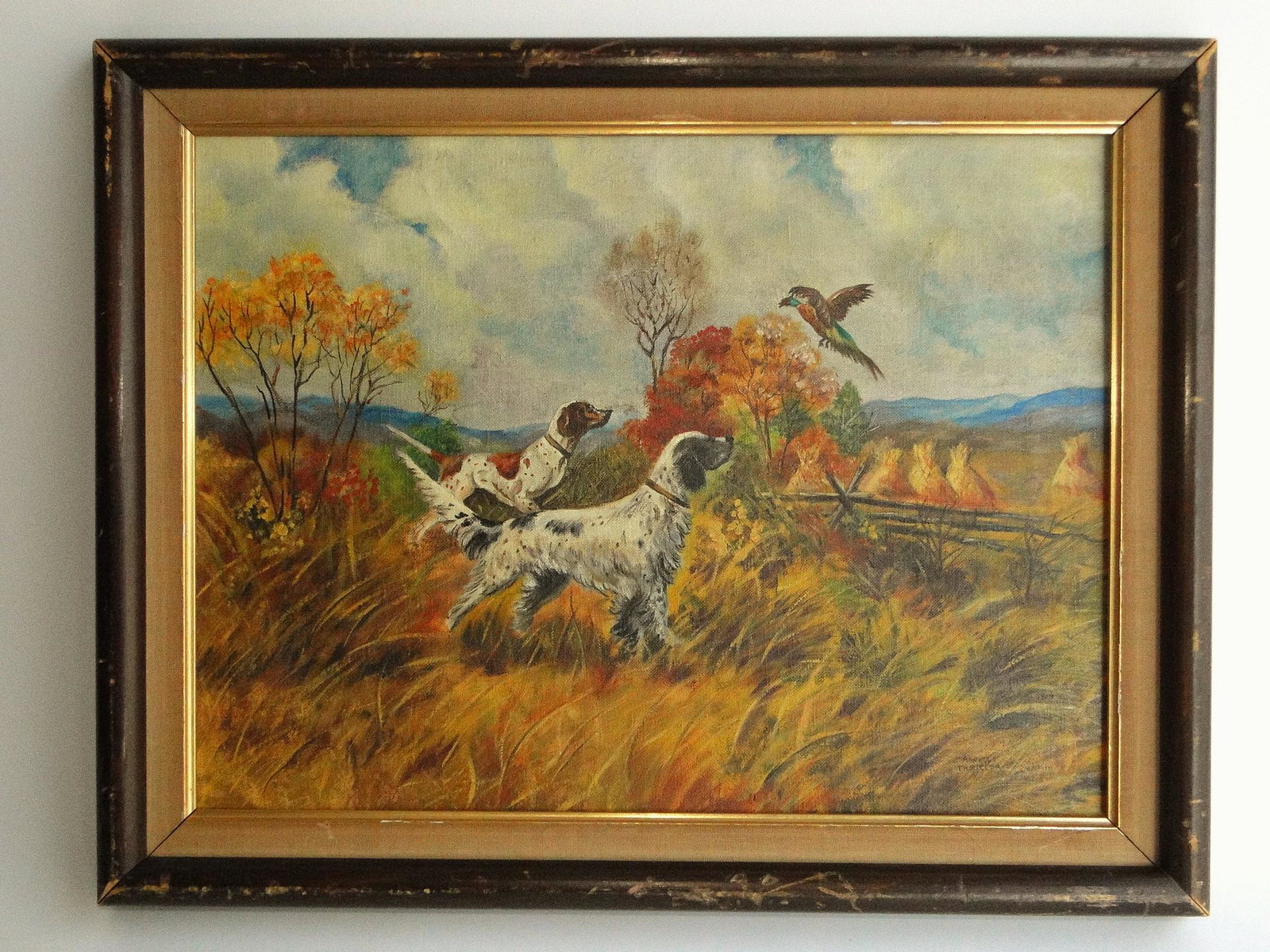 CIRCA 1930 O/C PAINTING OF HUNTING DOGS: CIRCA 1930 O/C PAINTING OF SPRINGER SPANIEL HUNTING DOGS BY ANNETTE TREITLER 12 X 16