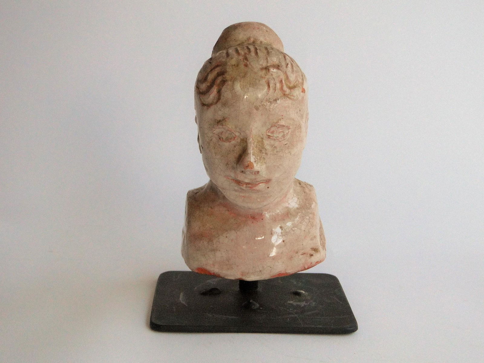 19TH C REDWARE MOLDED WOMAN: 19TH C REDWARE MOLDED WOMAN, POSS. LINDA HENAKER / NOV. 1856, CUSTOM STAND, APPROX 6" TALL X 3.5" WIDE