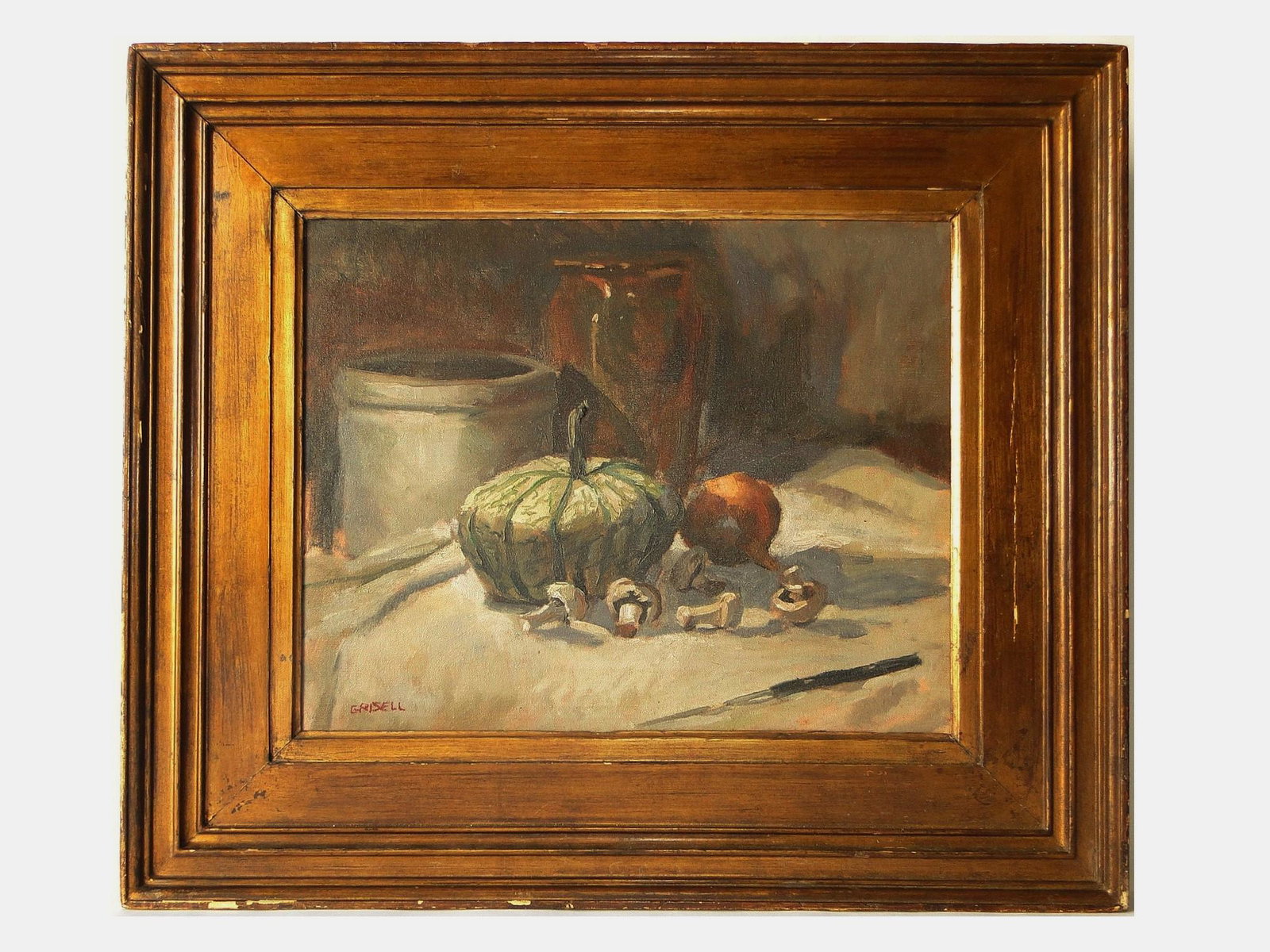 O/C STILL LIFE PAINTING SIGNED SUSAN GRISELL: O/C STILL LIFE OF VEGETABLES PAINTING SIGNED SUSAN GRISELL LL, 16 X 20 / 25.5 X 29.5 FRAME