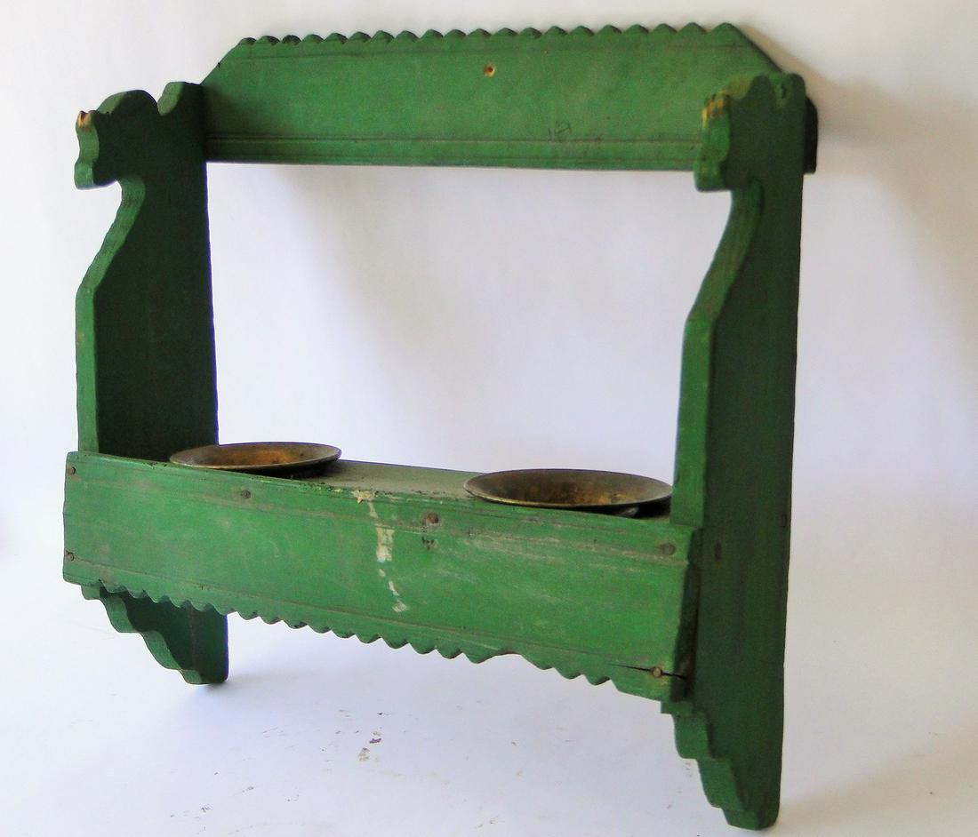 18TH C PAINTED APOTHECARY RACK WITH BRASS MORTARS (1 of 4)