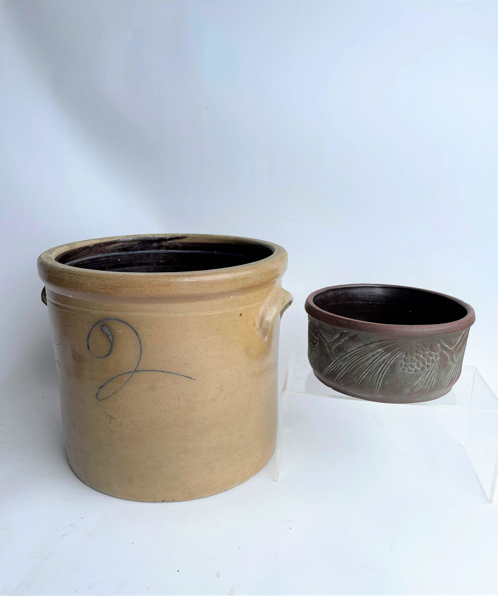 19TH C STONEWARE CROCK, REDWARE BOWL (1 of 2)