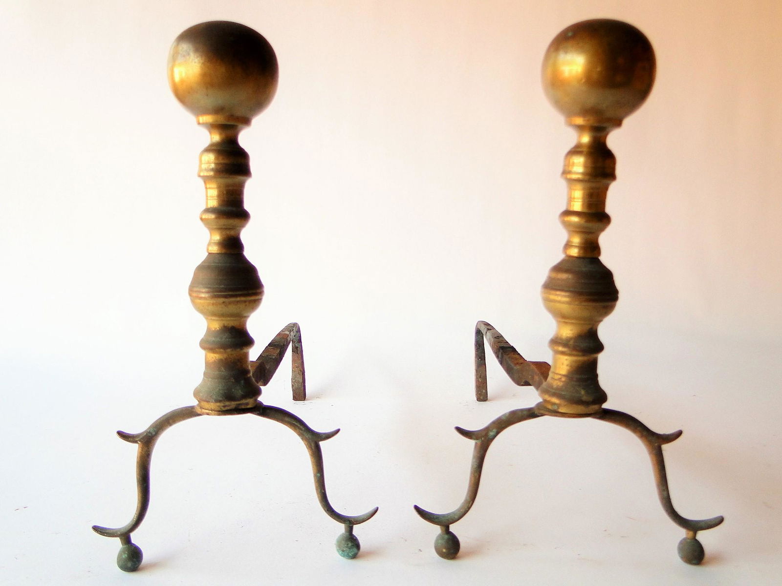 18TH C PAIR CHIPPENDALE BRASS ANDIRONS (1 of 3)