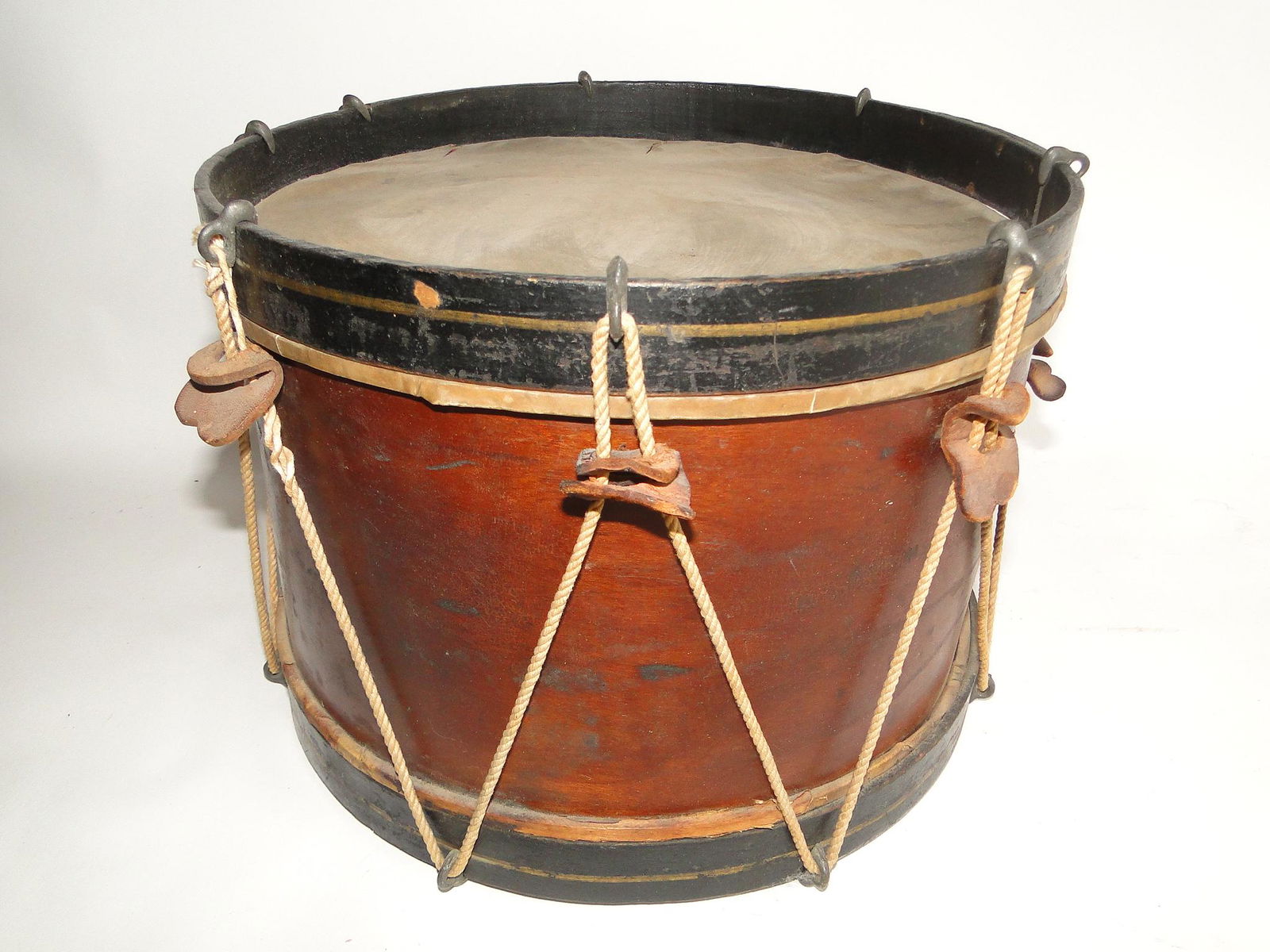 19TH C DRUM: 19TH C DRUM, MISSING BOTTOM SKIN, 12 X 8