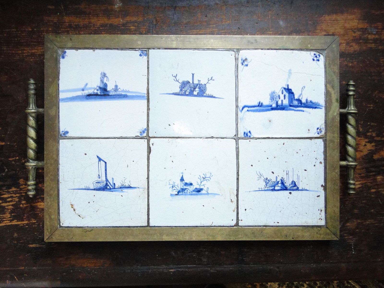 GROUPING OF DELFT TILES  FRAMED IN  BRASS CARRIER (1 of 2)