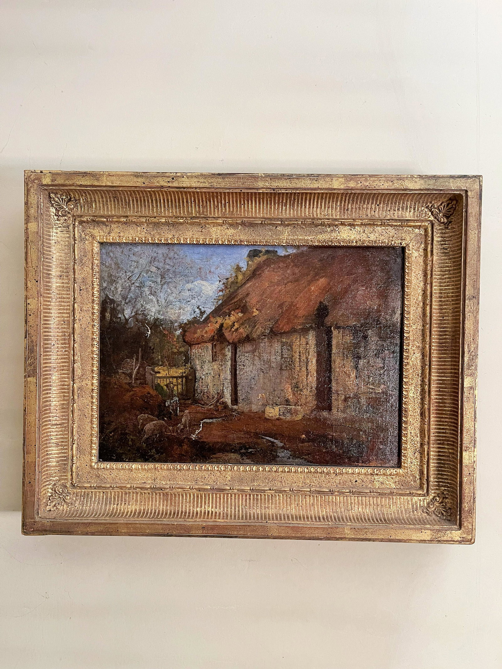 19TH C O/C PAINTING OF A HOMESTEAD: 19TH C O/C PAINTING OF A HOMESTEAD, 14 X 17
