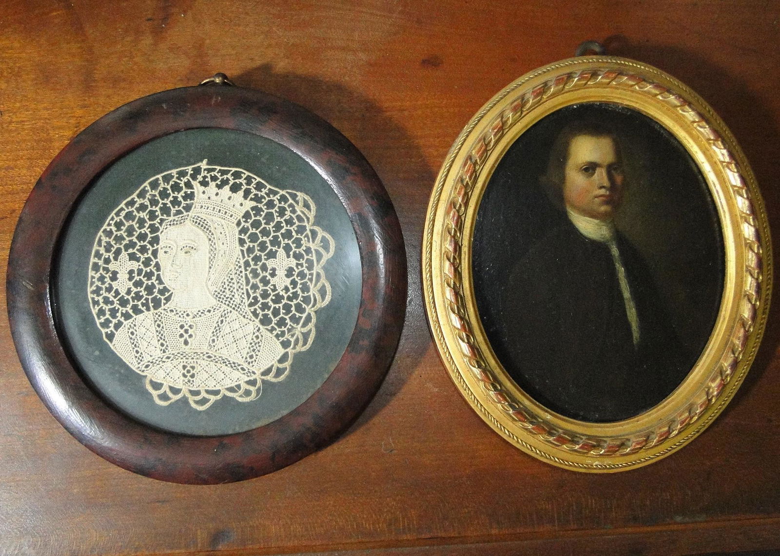 TWO FRAMED ITEMS, PORTRAIT OF A MAN, NEEDLEWORK OF A QUEEN (1 of 3)