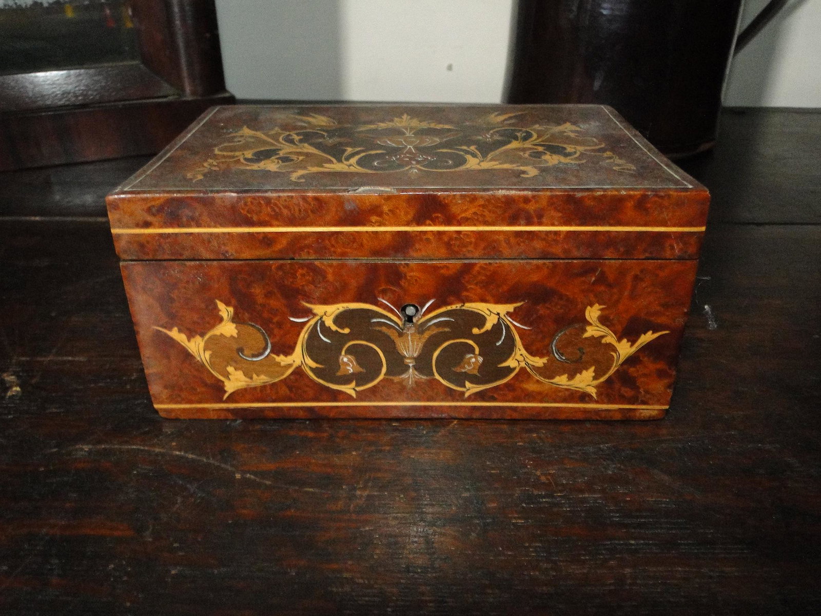 DIMINUTIVE INLAID BOX W/ SILVER SPOONS: DIMINUTIVE INLAID BOX W/ SILVER SPOONS, 5 X 4 X 2.5