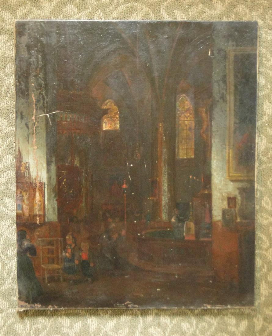 19TH C O/C PAINTING CHURCH INTERIOR (1 of 2)