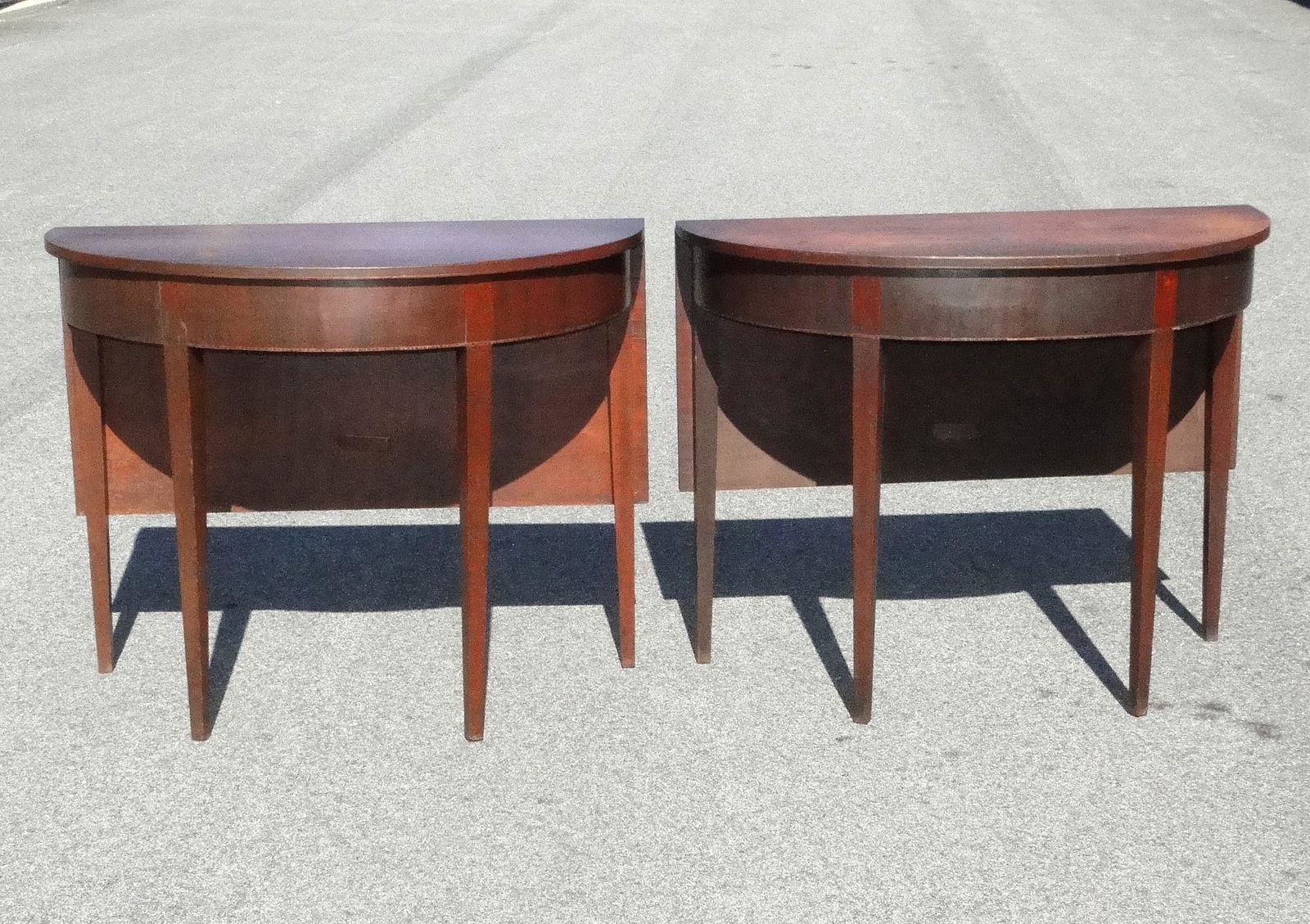 PAIR OF 18TH C HEPPLEWHITE PERIOD INLAID CONSOLE TABLES: PAIR OF 18TH C HEPPLEWHITE PERIOD INLAID CONSOLE TABLES, RARE ORIGINAL FINISH, DROP LEAVES TO RAISE UP TO COMBINE FOR A FULL SIZE DINING TABLE, 35 X 17.5 X 29 TALL EACH, 69" LONG WHEN PLACED TOGETHER