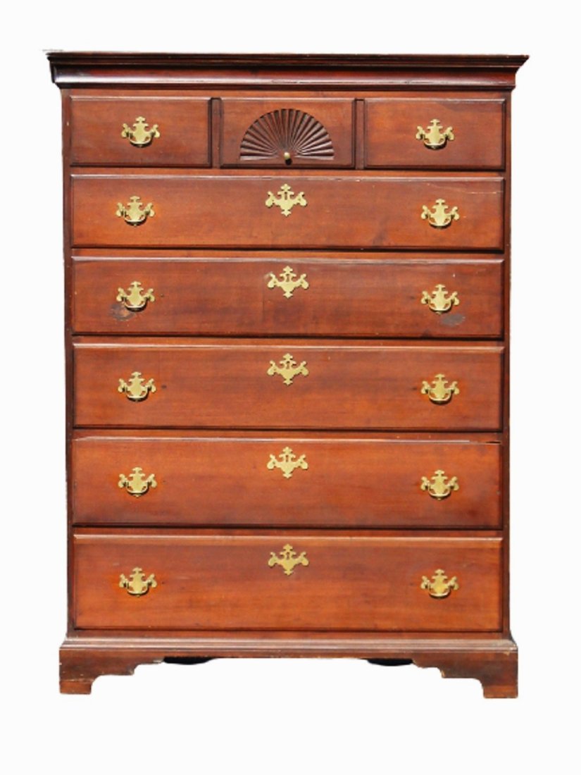 CIRCA 1780-1880 CONNECTICUT TALL CHEST: CIRCA 1780-1880 CONNECTICUT TALL CHEST WITH FAN CARVING, COLCHESTER, CT. AREA, OLD FINISH, DOVETAILED DRAWERS, 66 X 38 X 16