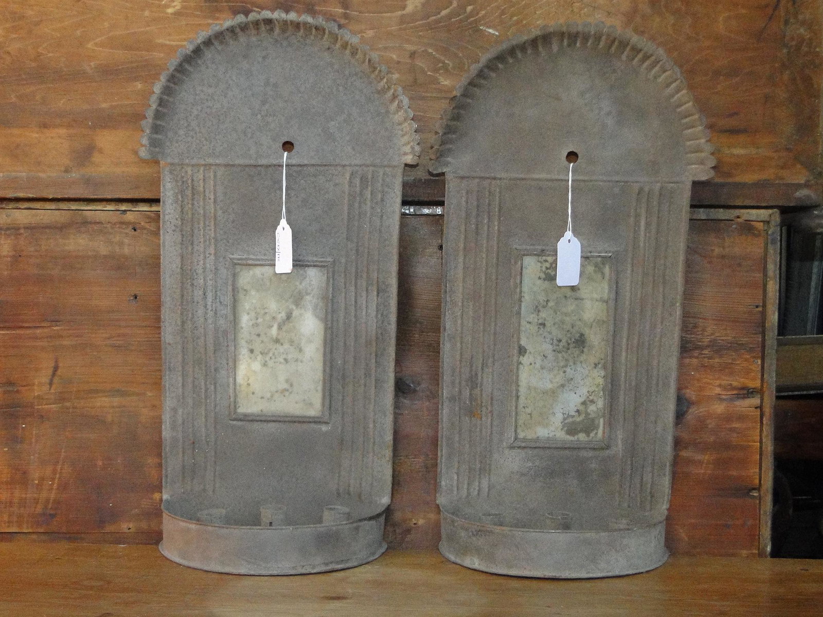 PAIR MIRROR BACK TIN CANDLE SCONCES (1 of 3)