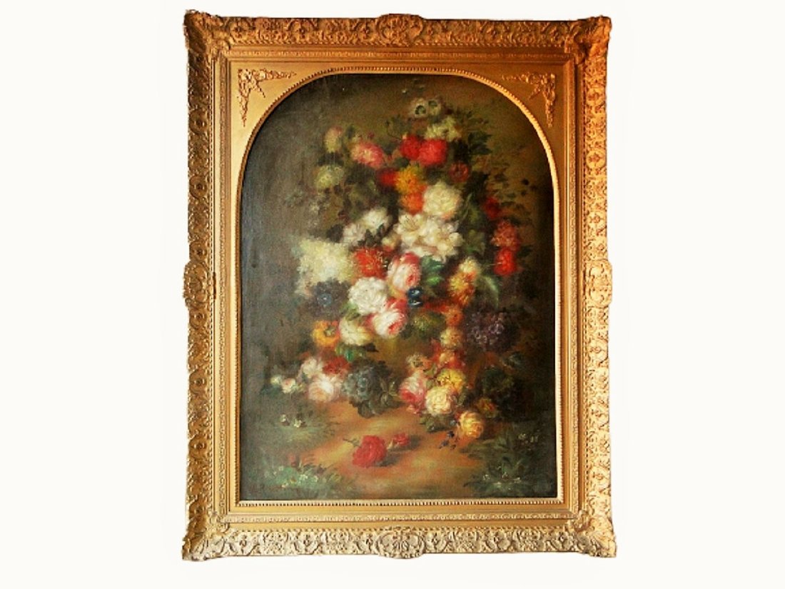 FINE LARGE O/C PAINTING STILL LIFE OF FLOWERS SIGNED: FINE LARGE O/C PAINTING STILL LIFE OF FLOWERS SIGNED LL LIZZIE EDNA MARTIN 1856-1922. FINE 19TH C FRAME, 36 X 48 / FRAME 46 X 58