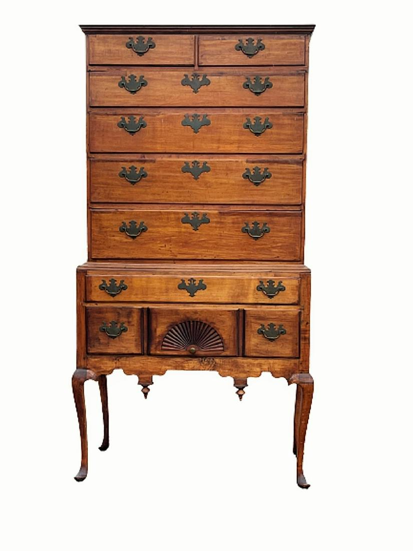 NICE FAN CARVED COUNTRY QUEEN ANNE HIGHBOY: NICE FAN CARVED COUNTRY QUEEN ANNE HIGHBOY, TALL CABRIOLE LEGS, MASSACHUSETTS, CIRCA 1720-1740, MAPLE74 X 36 X 19 DEEP