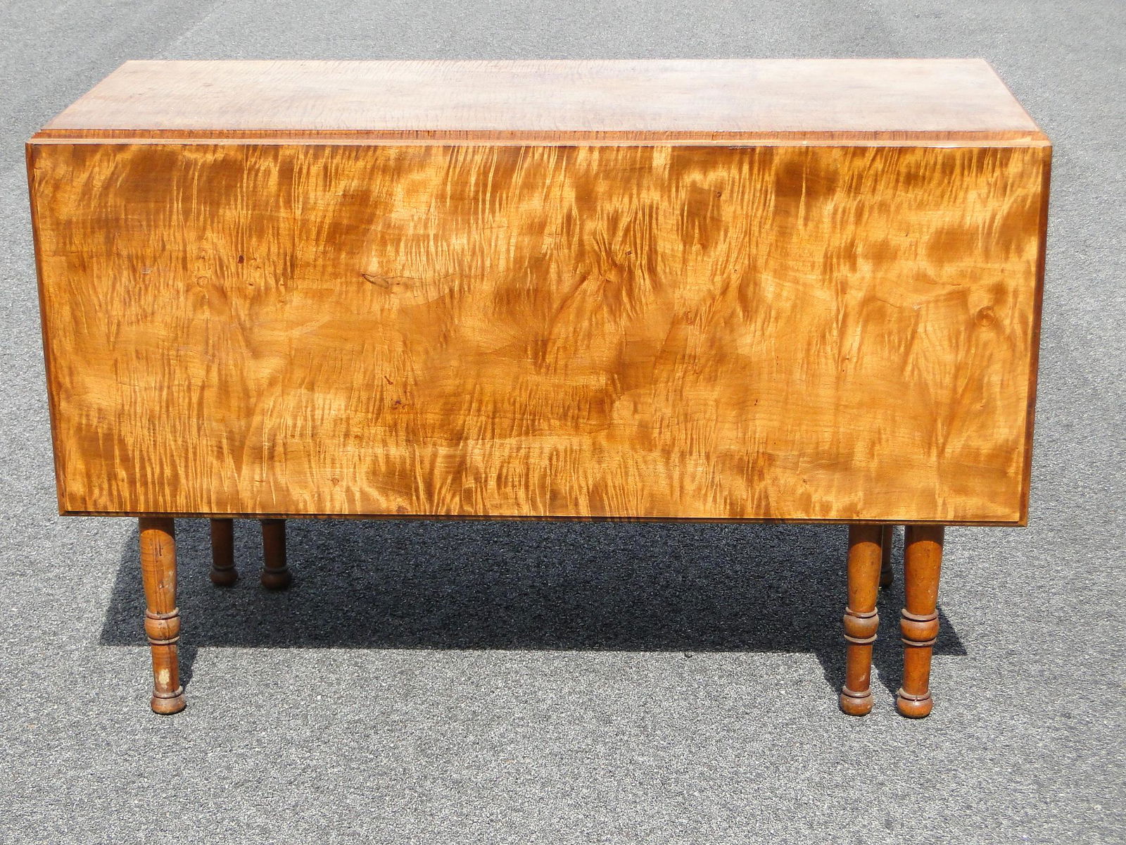 LARGE TIGER MAPLE DROP LEAF TABLE W/ CUTLERY DRAWER (1 of 9)