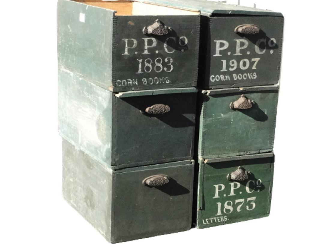 GROUPING OF SIX PAINTED SLIDE TOP BOXES (1 of 3)