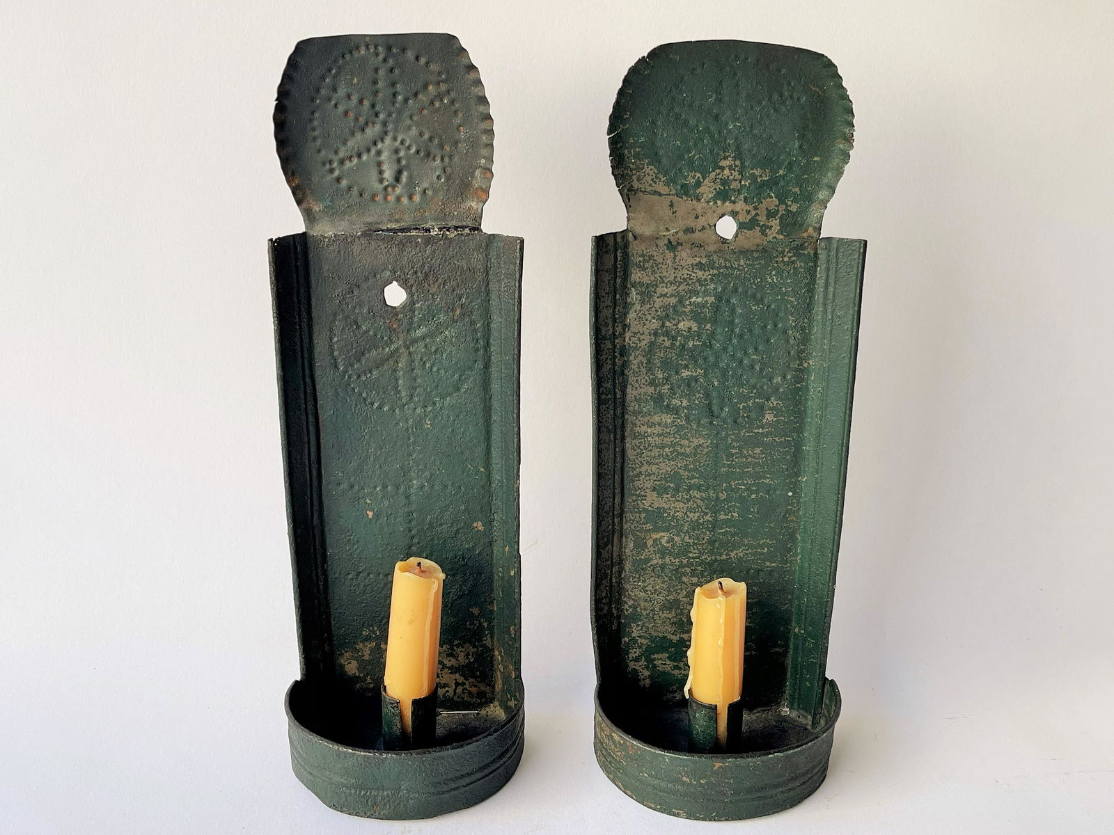 PAIR 18TH C PUNCHED TIN CANDLE SCONCES (1 of 3)