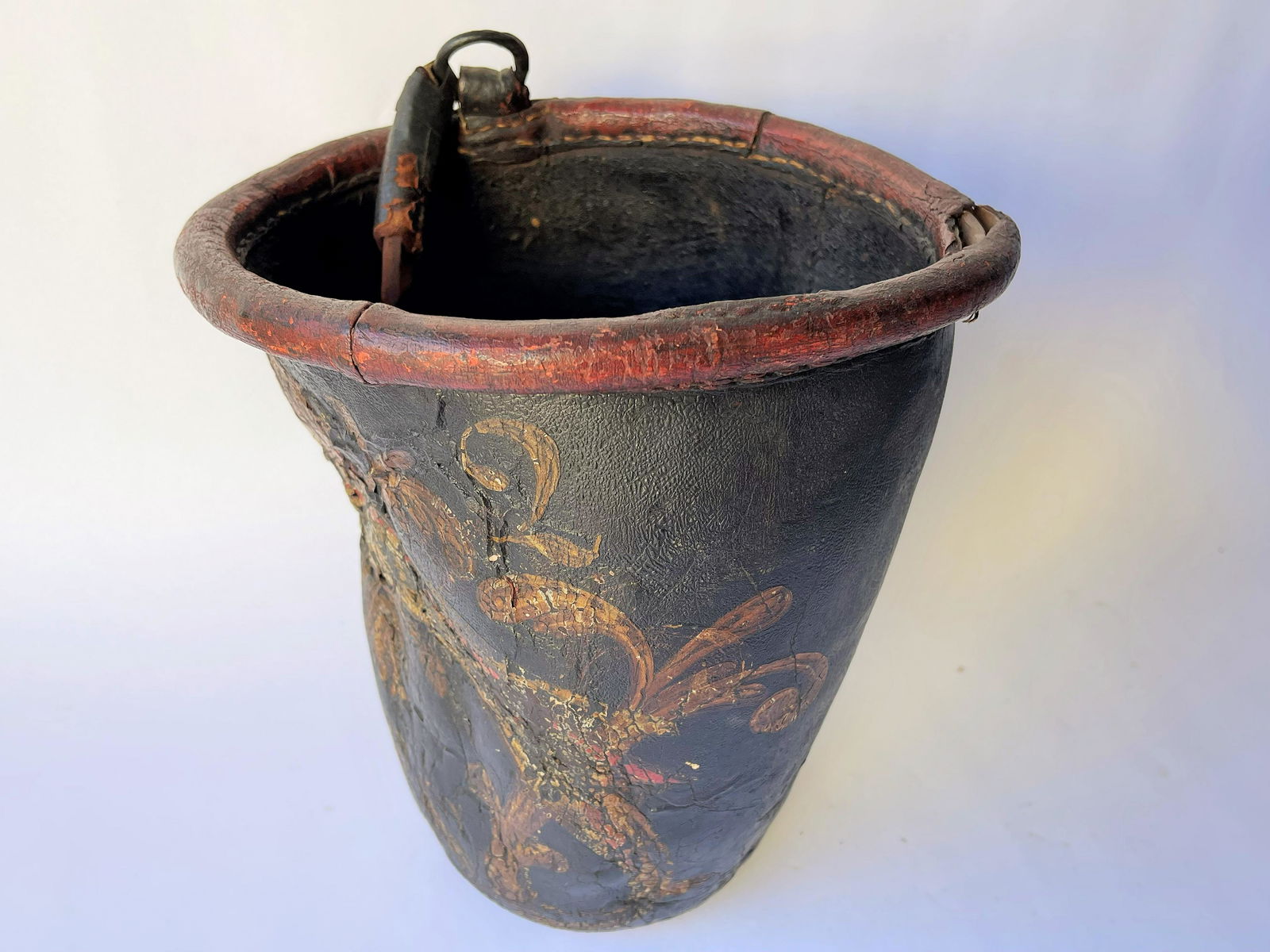 PAINT DECORATED LEATHER FIRE BUCKET (1 of 3)