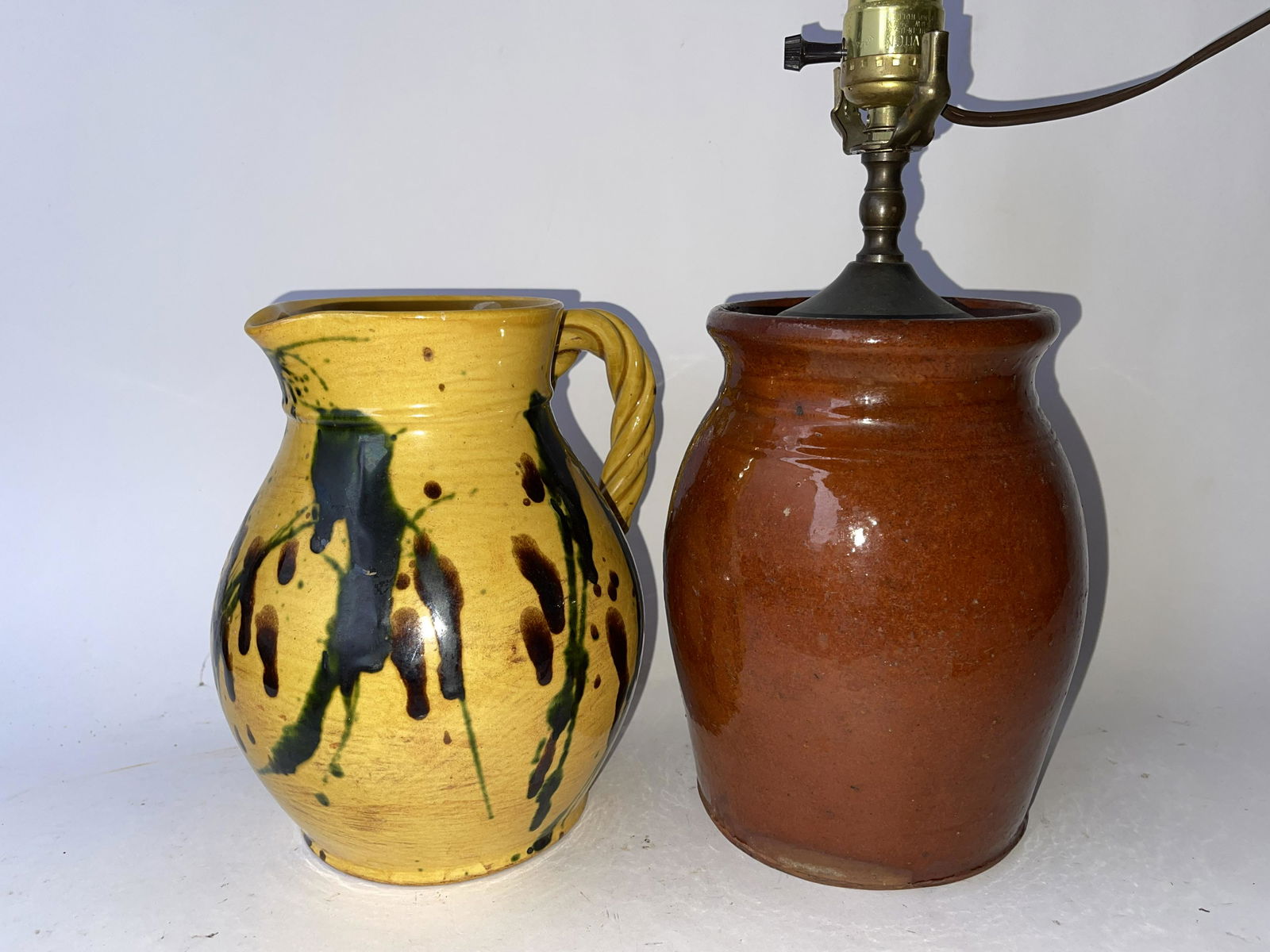 REDWARE LAMP, DECORATED PITCHER (1 of 3)