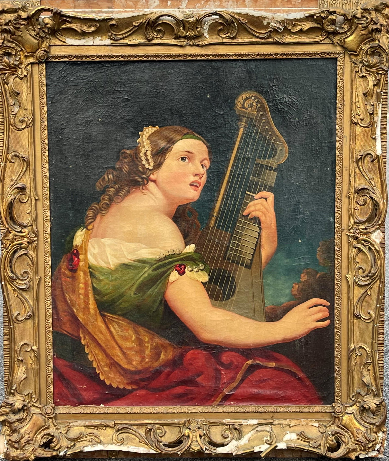 LARGE 19TH C OIL PAINTING OF A LADY: LARGE 19TH C OIL PAINTING OF A LADY PLAYING AN INSTRUMENT, ORIGINAL FRAME, 29 X 36