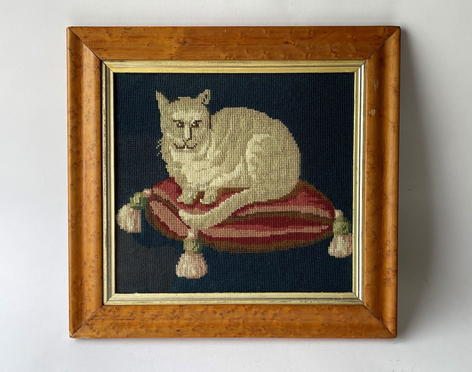 19TH C EMBROIDERED CAT IN FRAME (1 of 1)