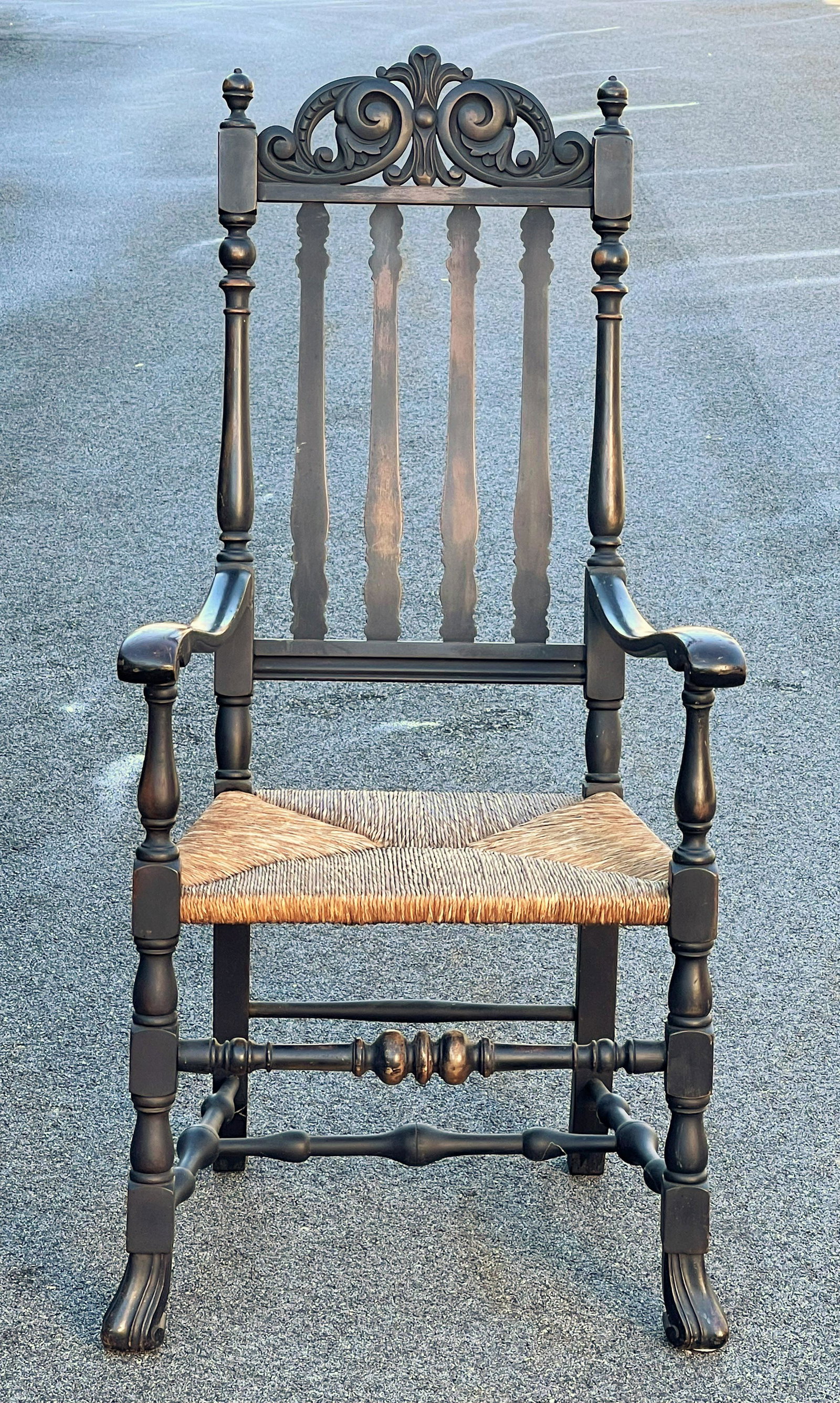 CRESTED BACK BANNISTER ARM CHAIR: CRESTED BACK BANNISTER ARM CHAIR, MODERN COPY, 48 X 28 X 18