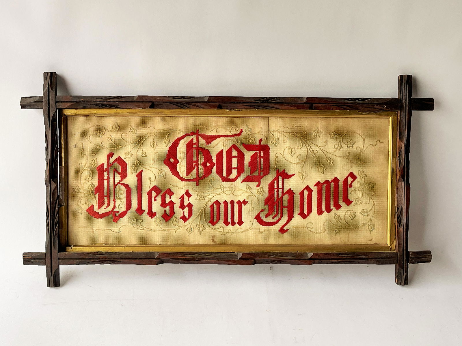 ANTIQUE NEEDLEWORK MOTTO GOD BLESS OUR HOME (1 of 2)