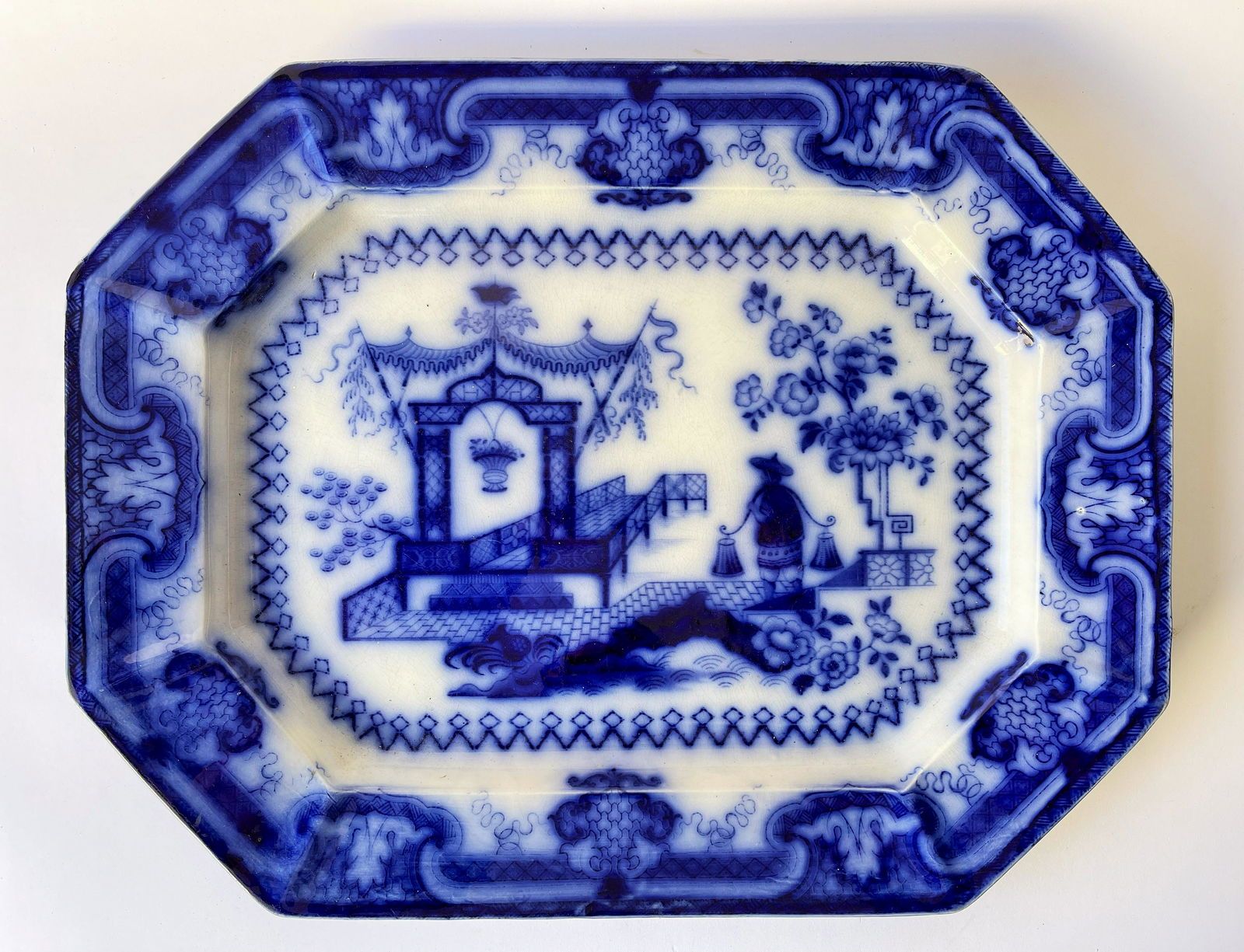 LARGE 19TH C FLOW BLUE PLATTER (1 of 4)
