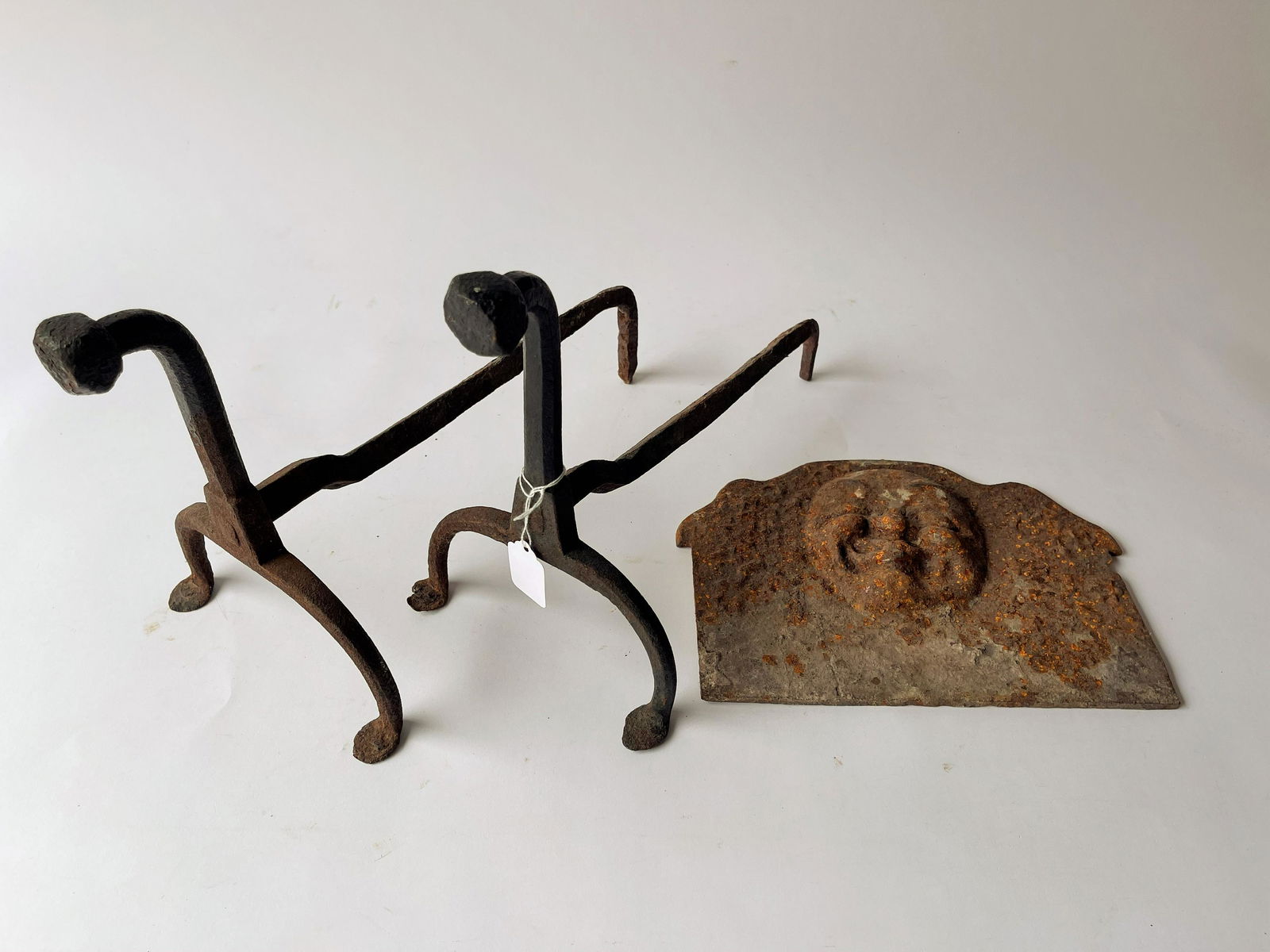 18TH C IRON FIREPLACE ANDIRONS, IRON MOON PLATE (1 of 5)
