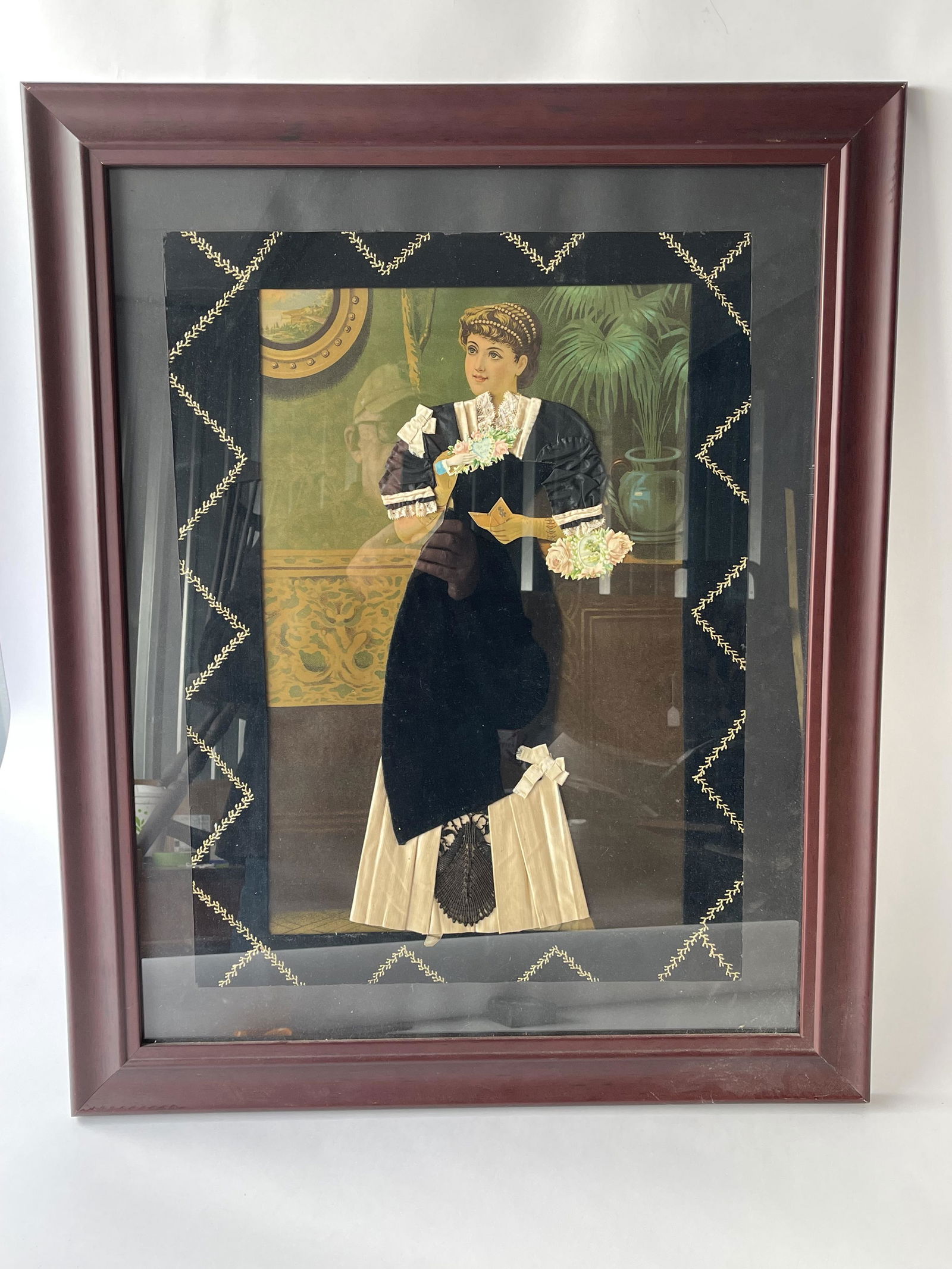 LARGE 19TH C  FOLK ART FABRIC PICTURE IN FRAME (1 of 4)