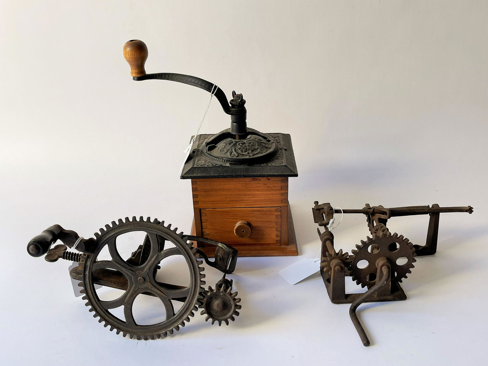 COFFEE MILL, TWO CAST IRON APPLE PEELERS (1 of 3)