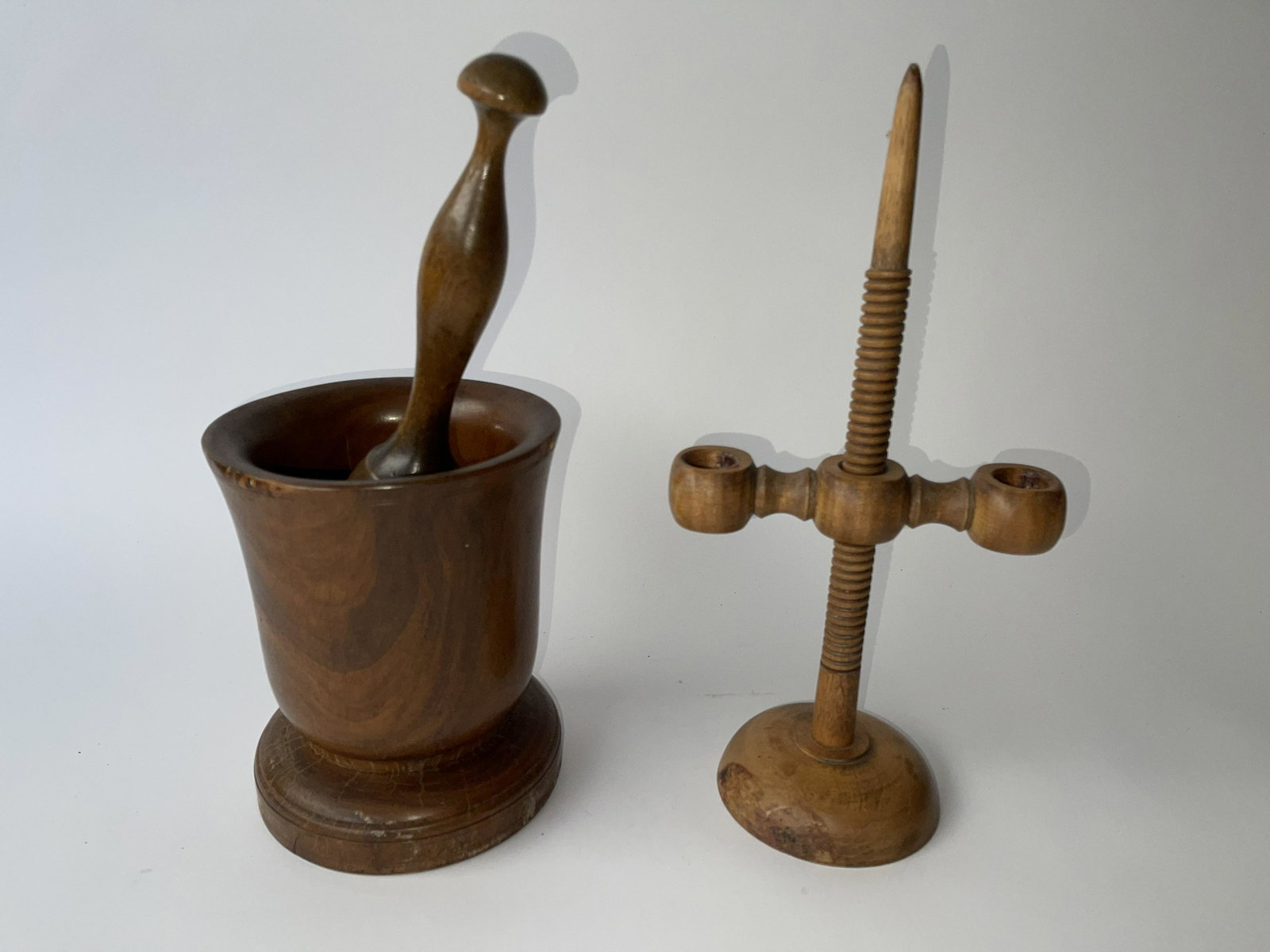 MORTAR AND PESTLE, DBL CANDLEHOLDER: MORTAR AND PESTLE 5 X 6, DBL CANDLEHOLDER 11' TALL VINTAGE,