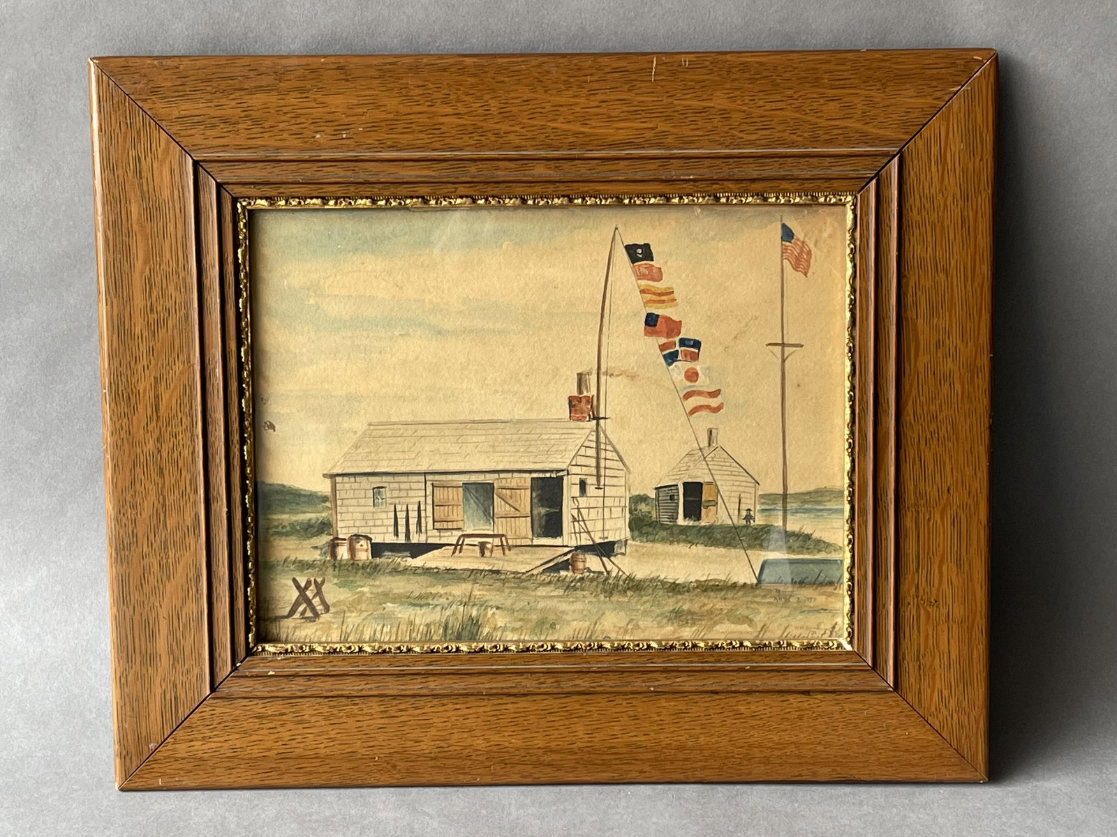 19TH C WATERCOLOR PAINTING BUILDINGS,FLAGPOLE , MAN (1 of 4)