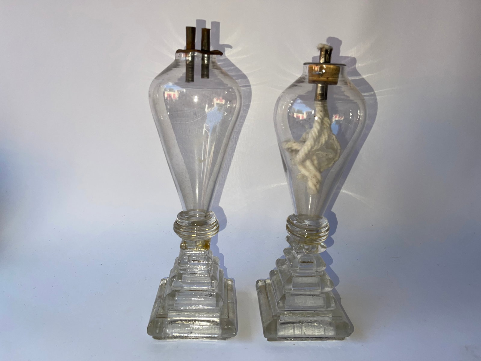 PAIR OF SANDWICH GLASS , WHALE OIL LAMPS: PAIR OF SANDWICH GLASS , WHALE OIL LAMPS 10" TALL