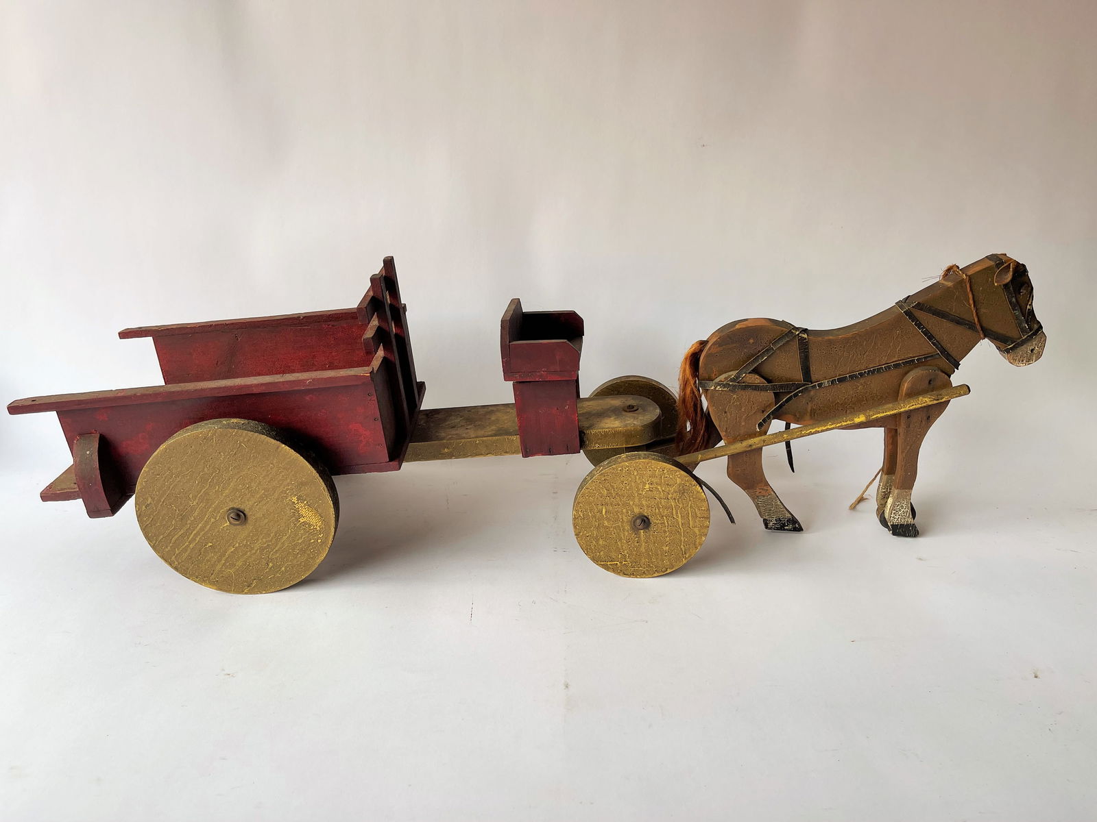 FOLK ART WOODEN HORSE AND WAGON: FOLK ART WOODEN HORSE AND WAGON 34 X 12 X 12