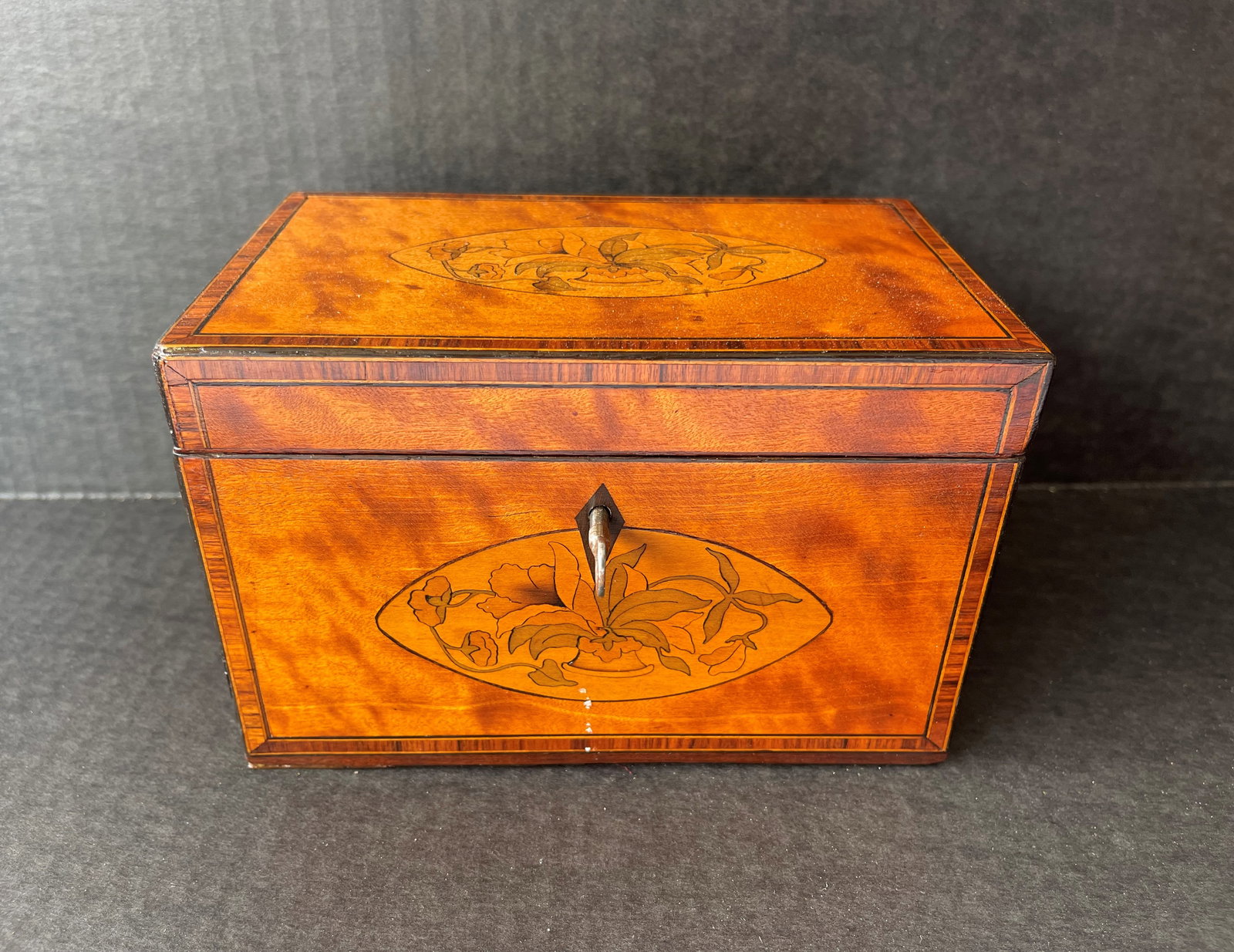 ANTIQUE SATINWOOD TEA CADDY, FLORAL INLAY (1 of 6)