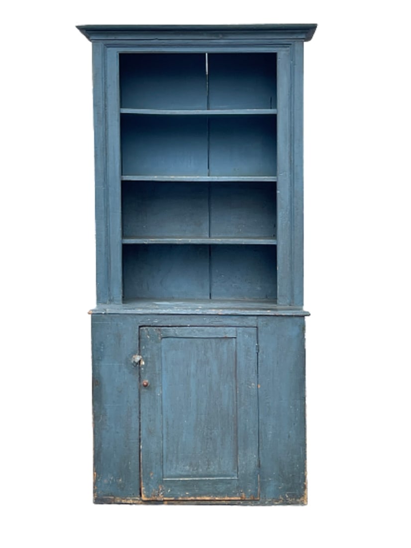 18TH C STEPBACK CUPBOARD IN OLD BLUE PAINT (1 of 7)