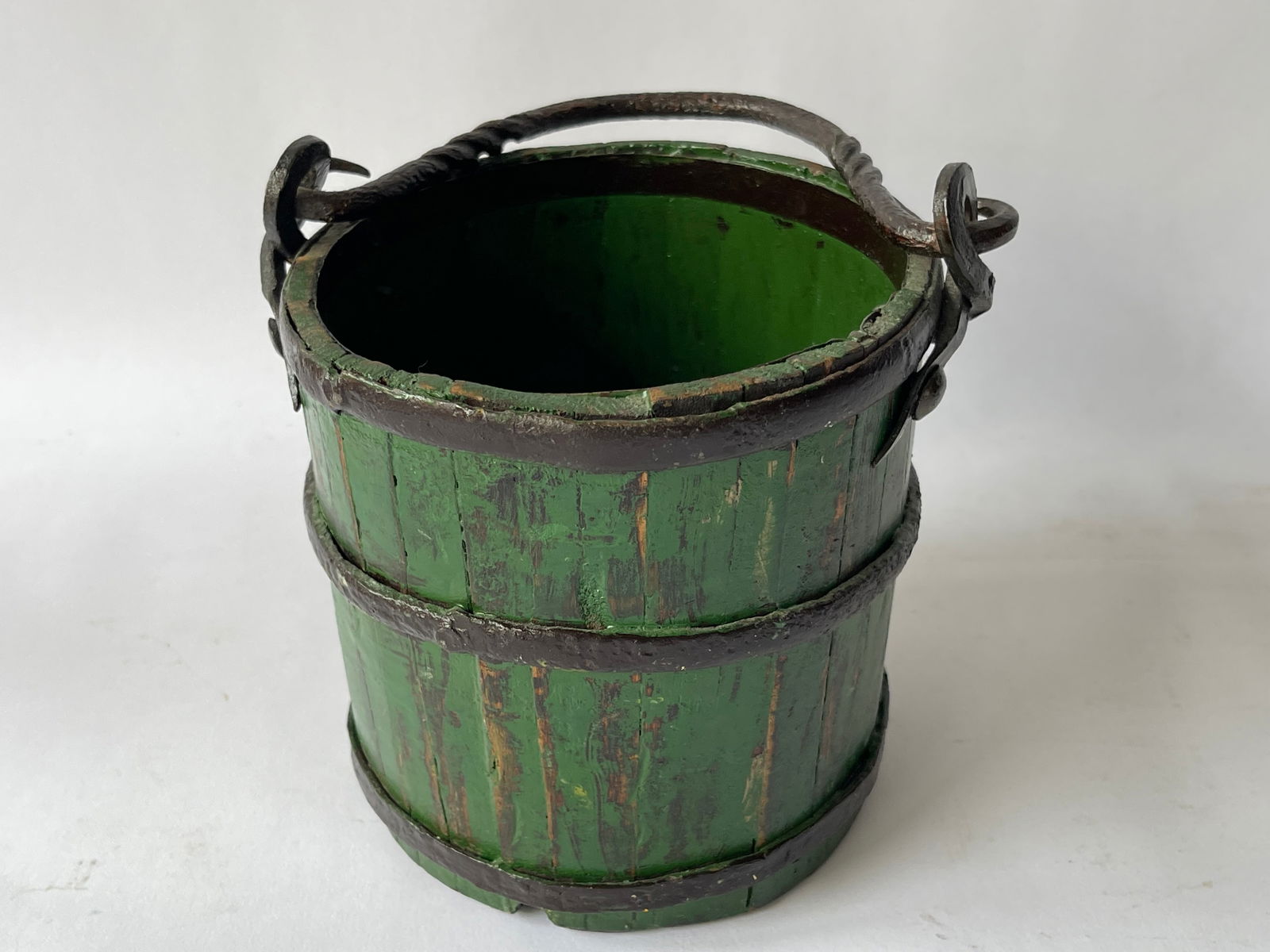 19TH C WOODEN BUCKET IN OLD GREEN PAINT (1 of 4)