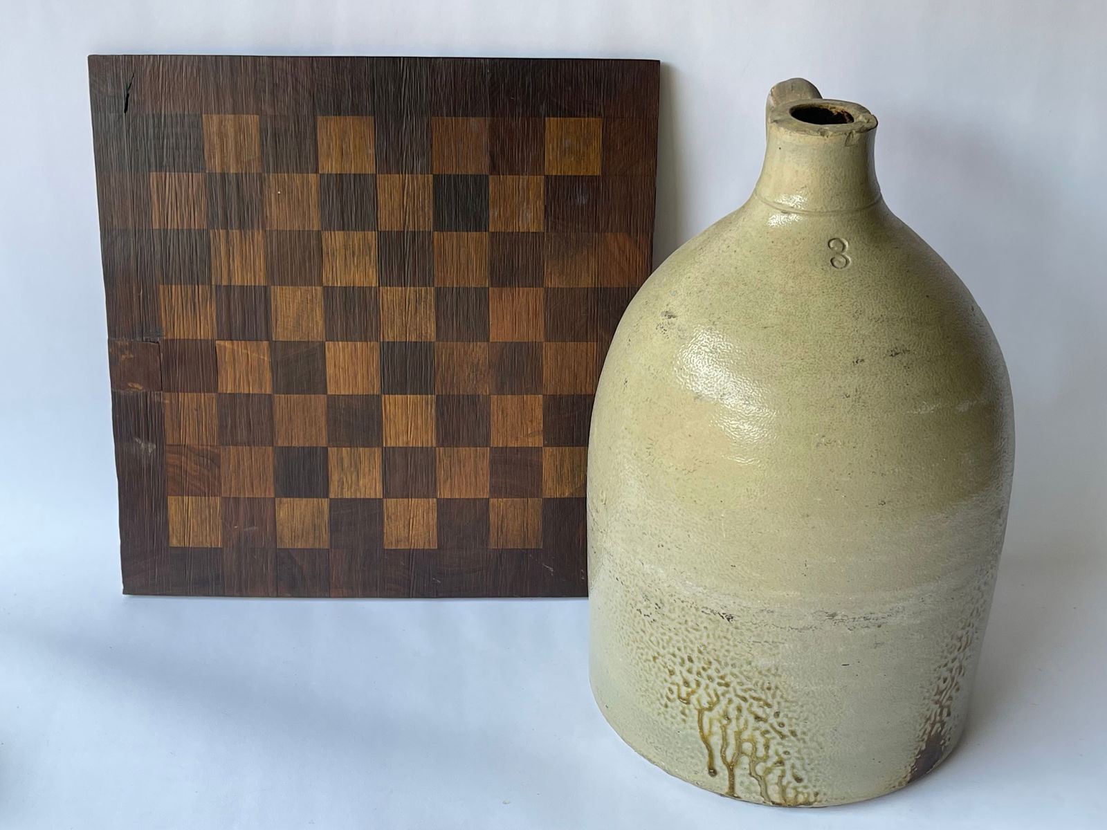 PRIMITIVE HANDMADE CHECKERBOARD, STONEWARE JUG (1 of 4)