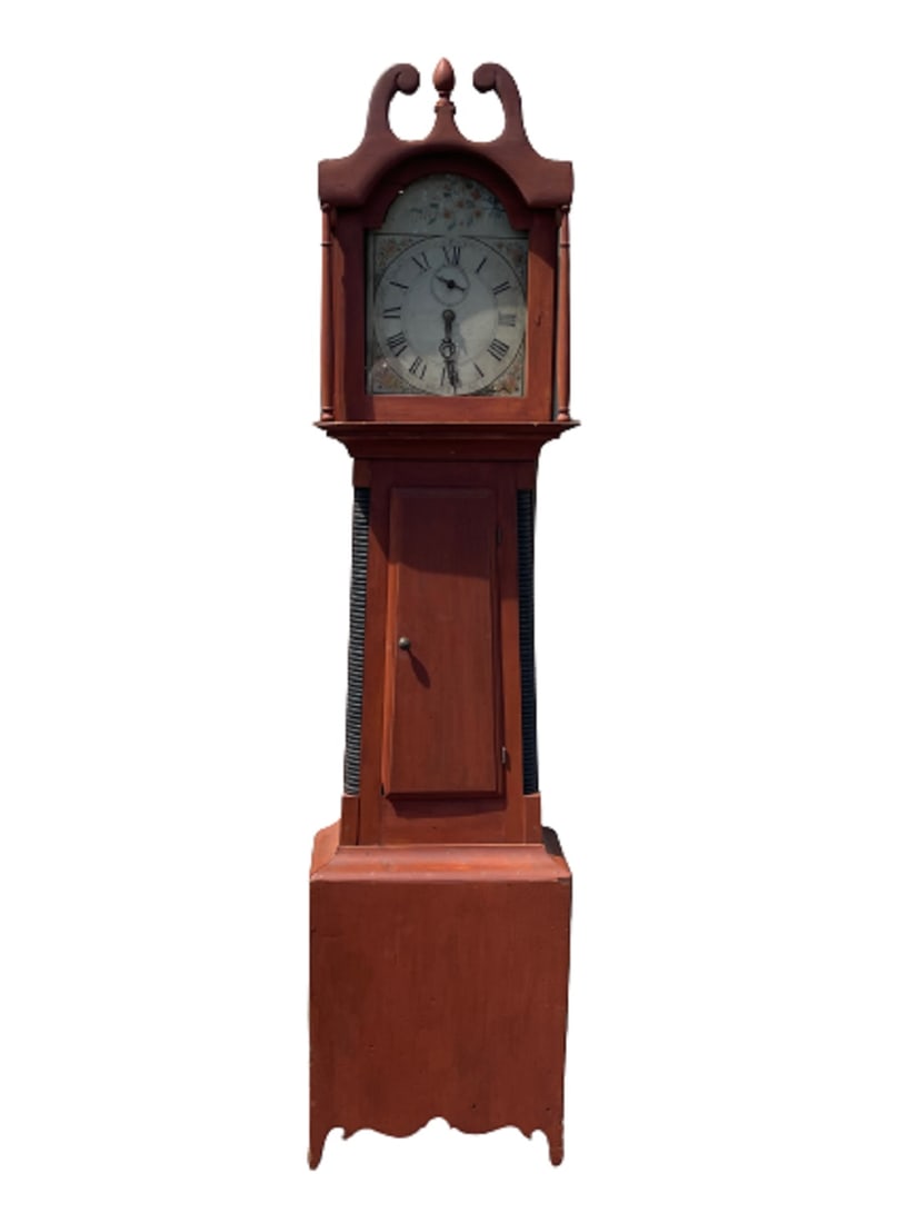 EARLY RED PAINTED TALL CASE CLOCK (1 of 11)