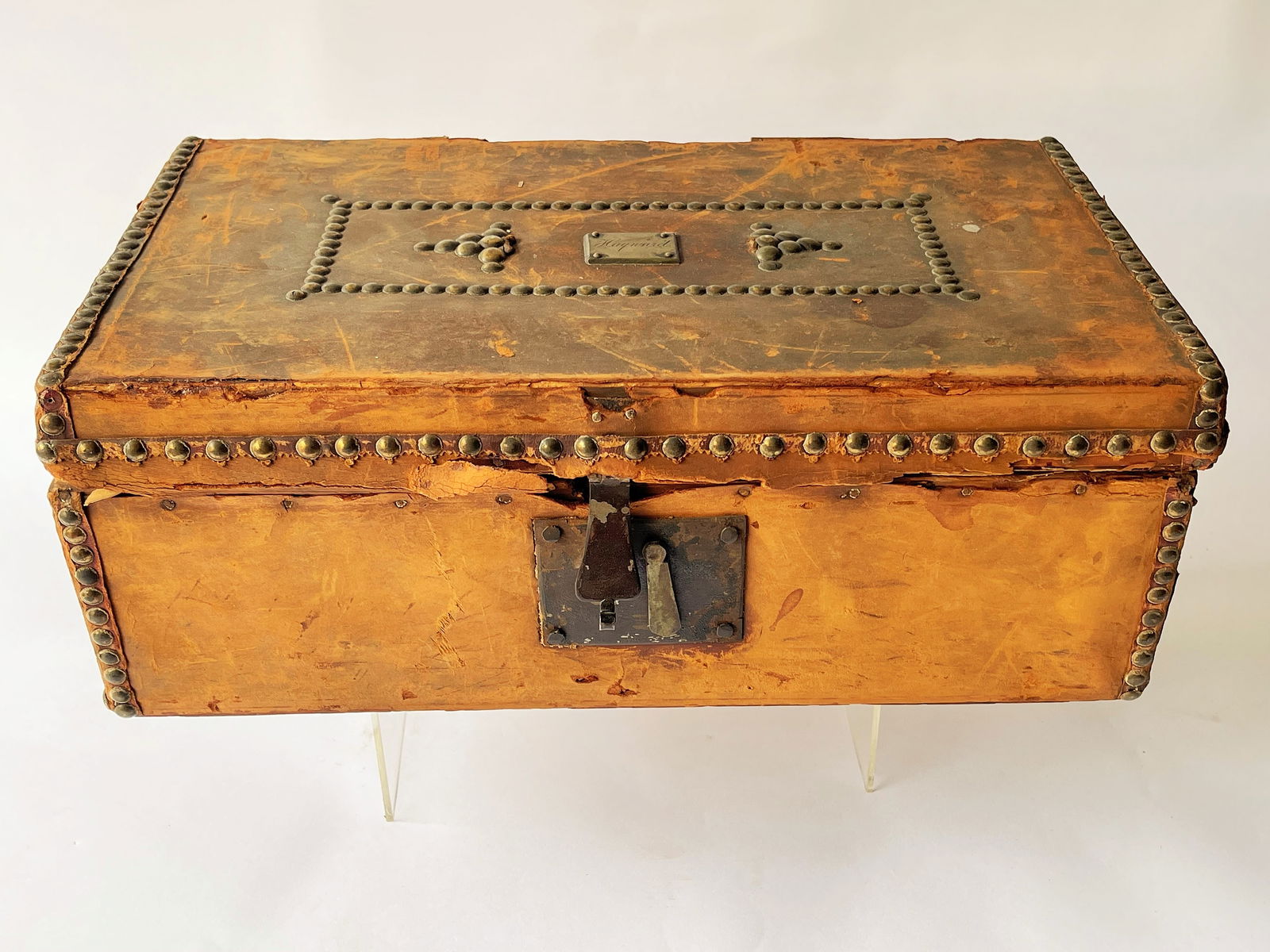 19TH C LEATHER BOX W BRASS TACKS SIGNED (1 of 5)