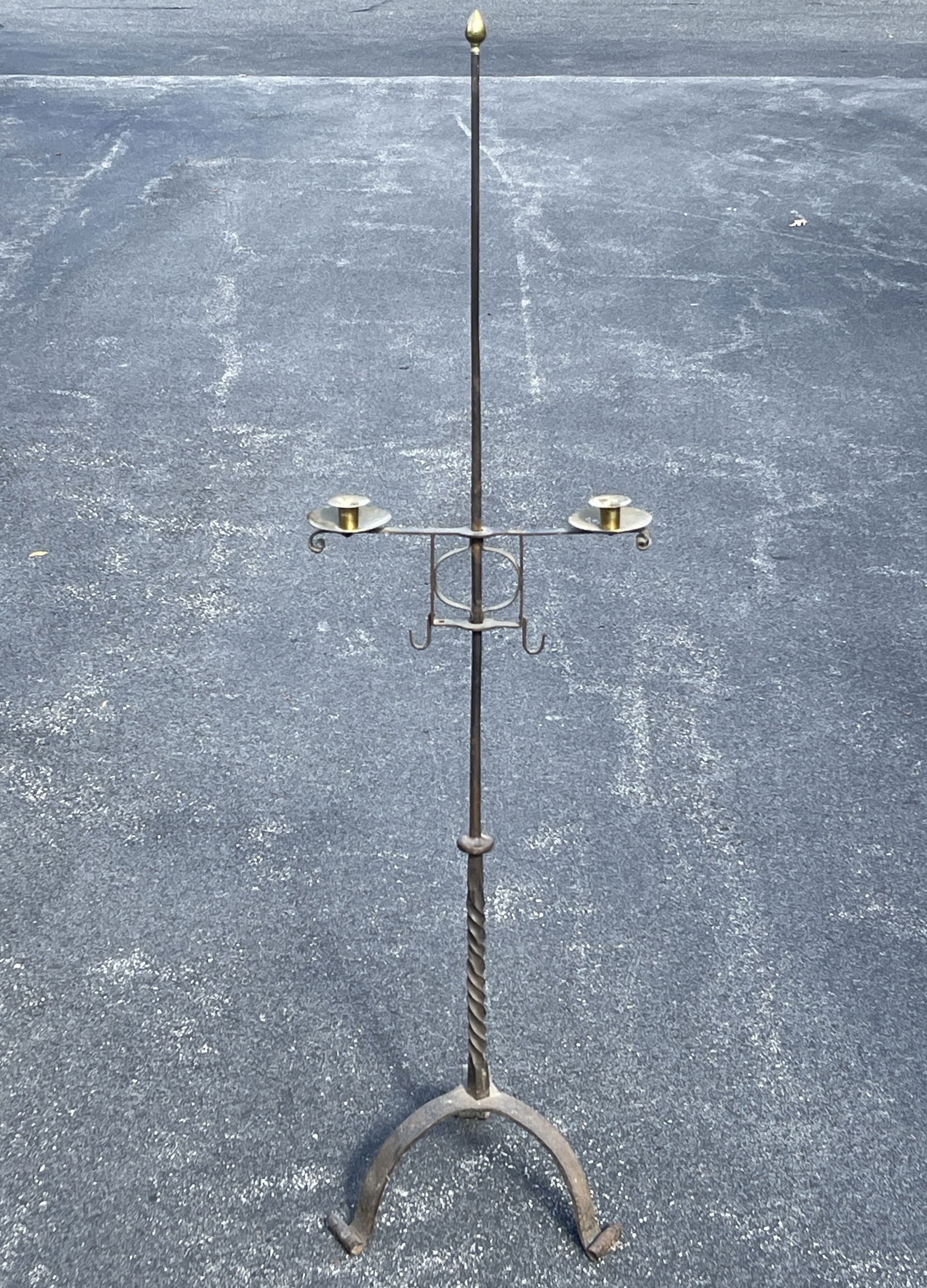 EARLY IRON AND BRASS DOUBLE CANDLE STANDARD (1 of 3)
