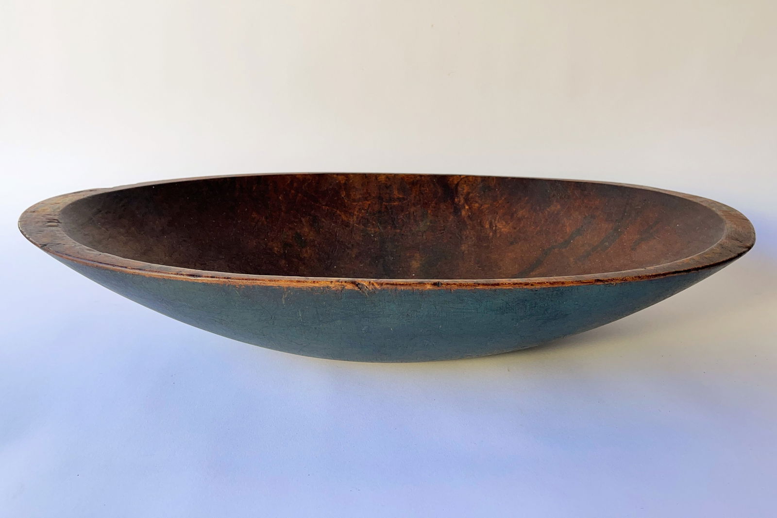 19TH C. TRENCHER BOWL in UNIQUE OLD BLUE-GREEN PAINT. (1 of 6)