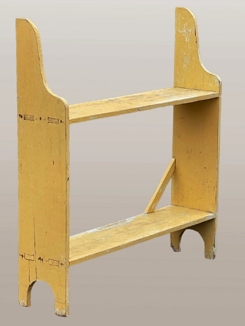 19TH C BUCKET BENCH IN OLD YELLOW PAINT OVER ORIGINAL BLUE  C. 1840'S (1 of 6)