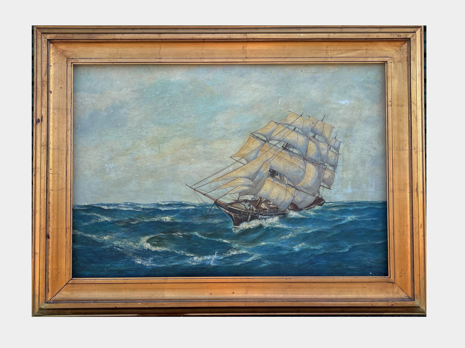 19TH C OIL ON CANVAS OF CLIPPER SHIP IN ORIGINAL FRAME NEW YORK C 1870 -1880'S (1 of 3)