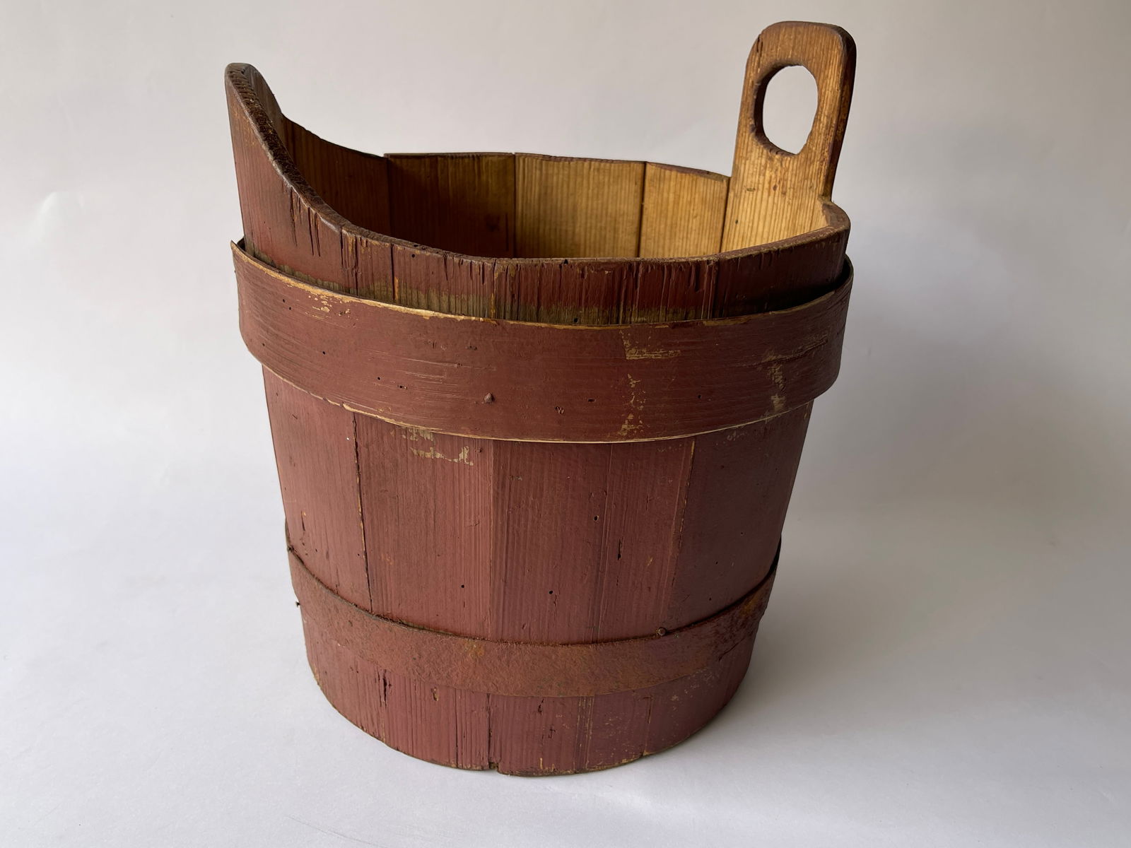 WOODEN BANDED BUCKET IN OLD RED PAINT (1 of 5)