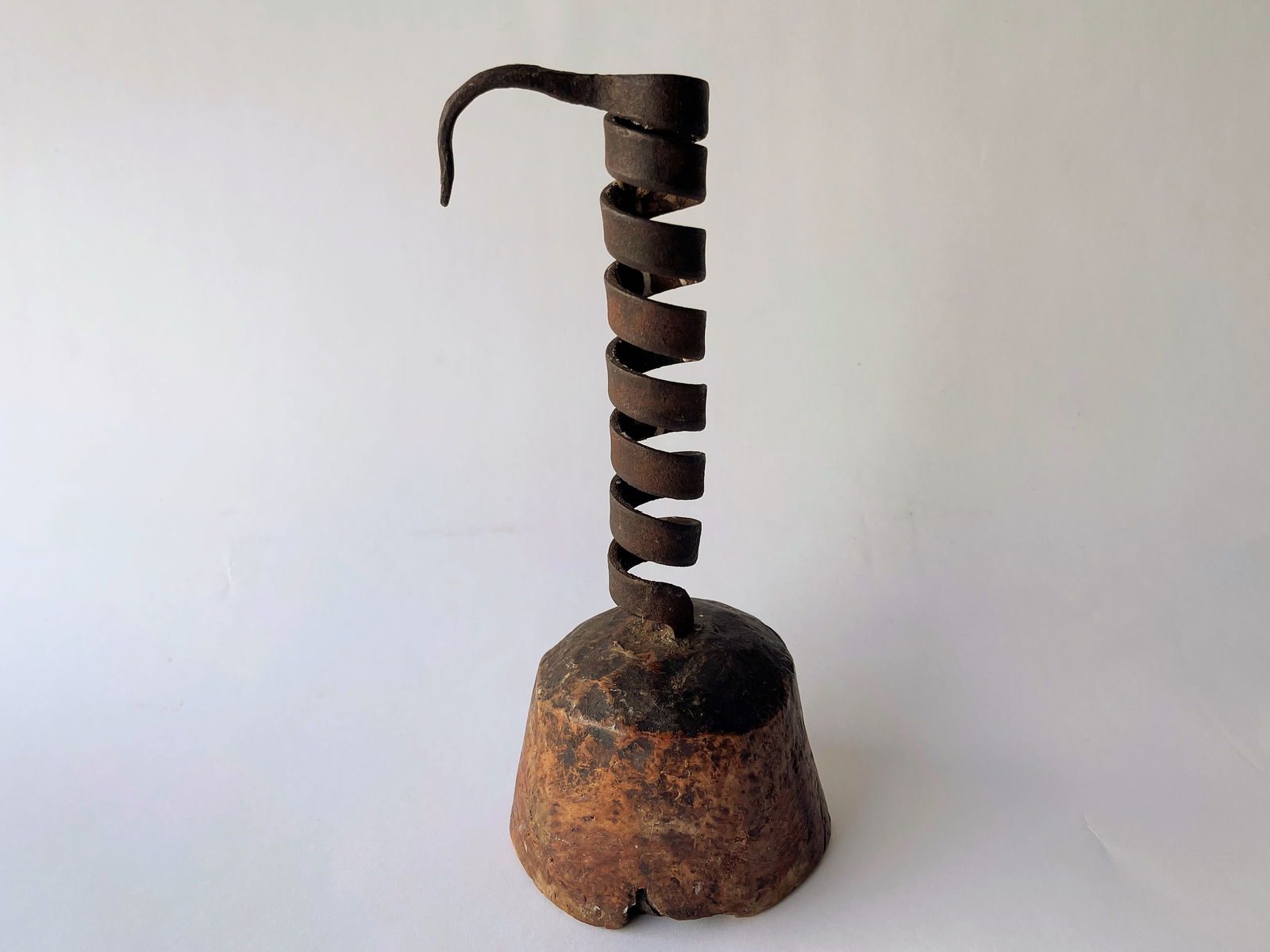 18TH C IRON SPIRAL CANDLESTICK WITH BURL WOOD BASE (1 of 4)