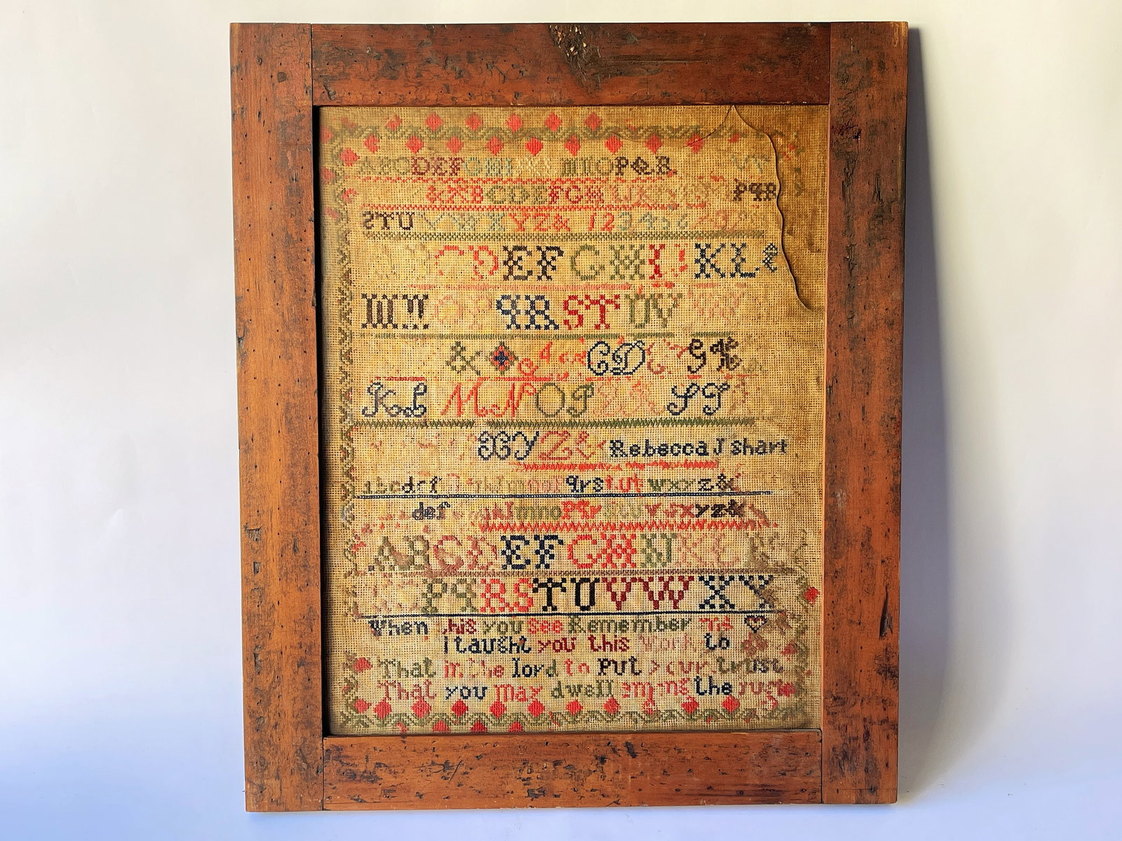 19TH C SAMPLER SIGNED REBECCA S. IN ORIGINAL FRAME (1 of 3)