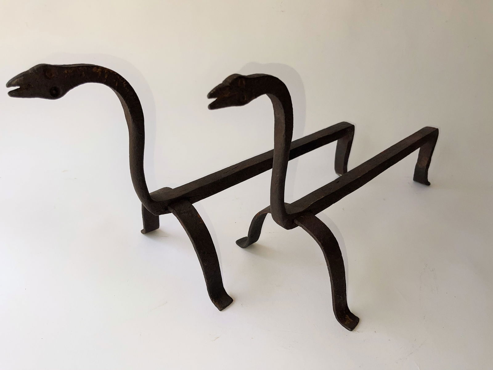 LATE 18TH C WROUGHT IRON SNAKE ANDIRONS (1 of 4)